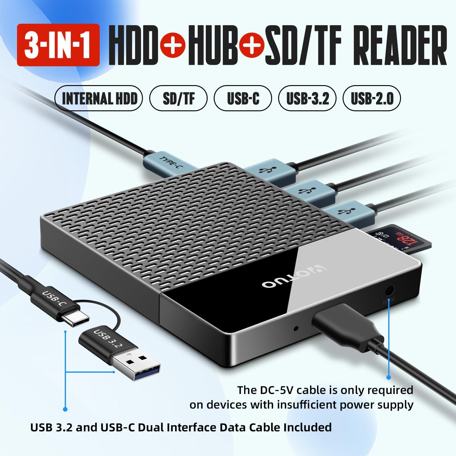 YOTUO 1TB External Hard Drive, USB C Multiport Hub HDD 7-in-1, USB 3.0, SD/TF Card Reader, Docking Station, Multi-Function HDD for Windows, Mac, Android, TV, iPhone 15/16/17, Laptop, Desktop, PC