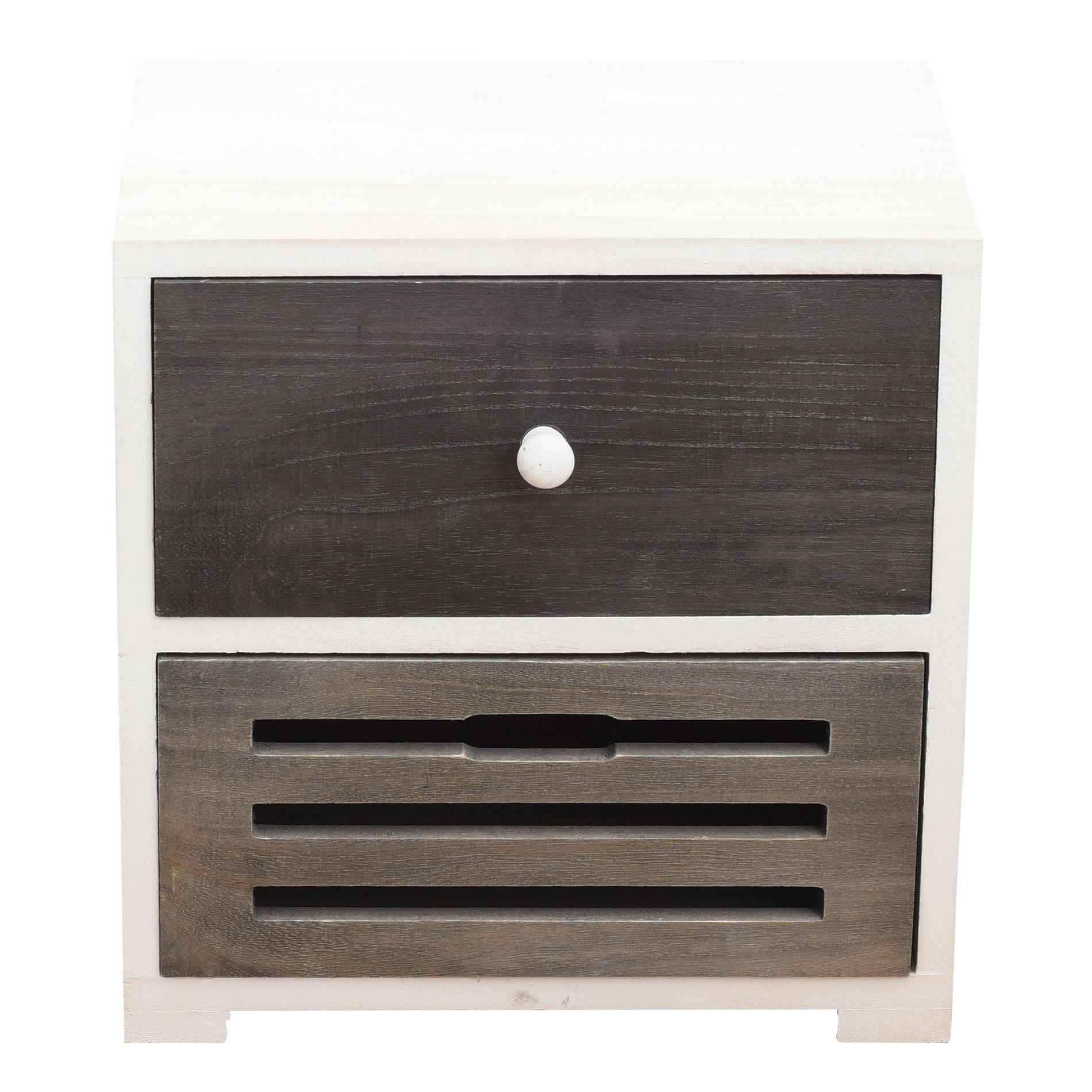 - Table de chevet sculpté avec 2 tiroirs en bois blanc et gris