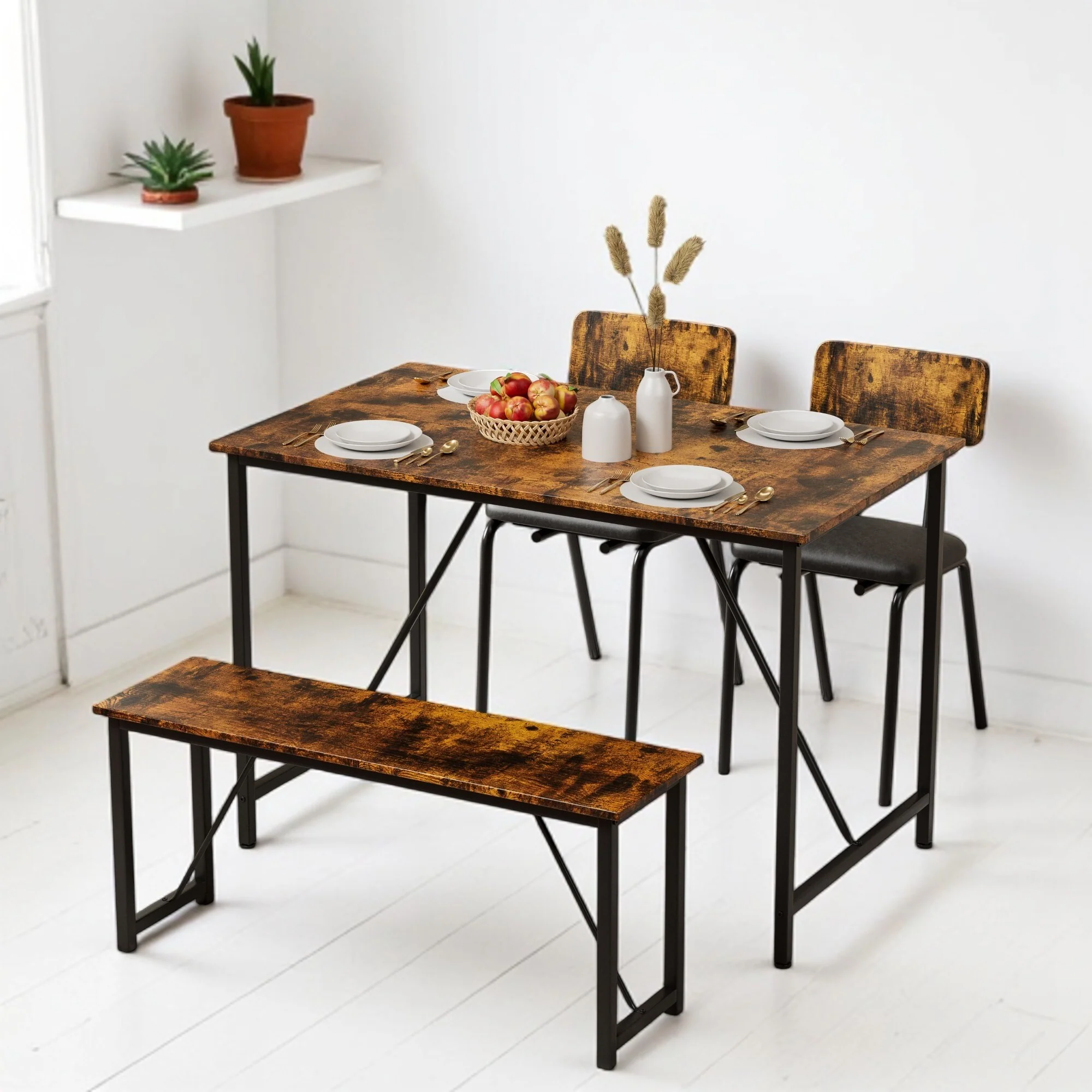 4-Piece Dining Set, Kitchen Table with 2 Faux Leather Chairs and Bench, Space-Saving Design for Home, Kitchen, Dining Room