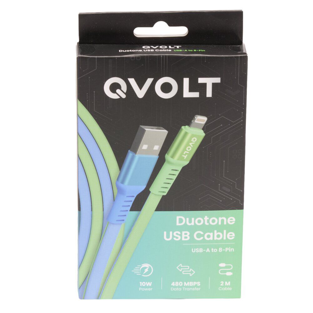 Câble USB-A vers Lightning charge rapide bicolore vert et bleu 2m