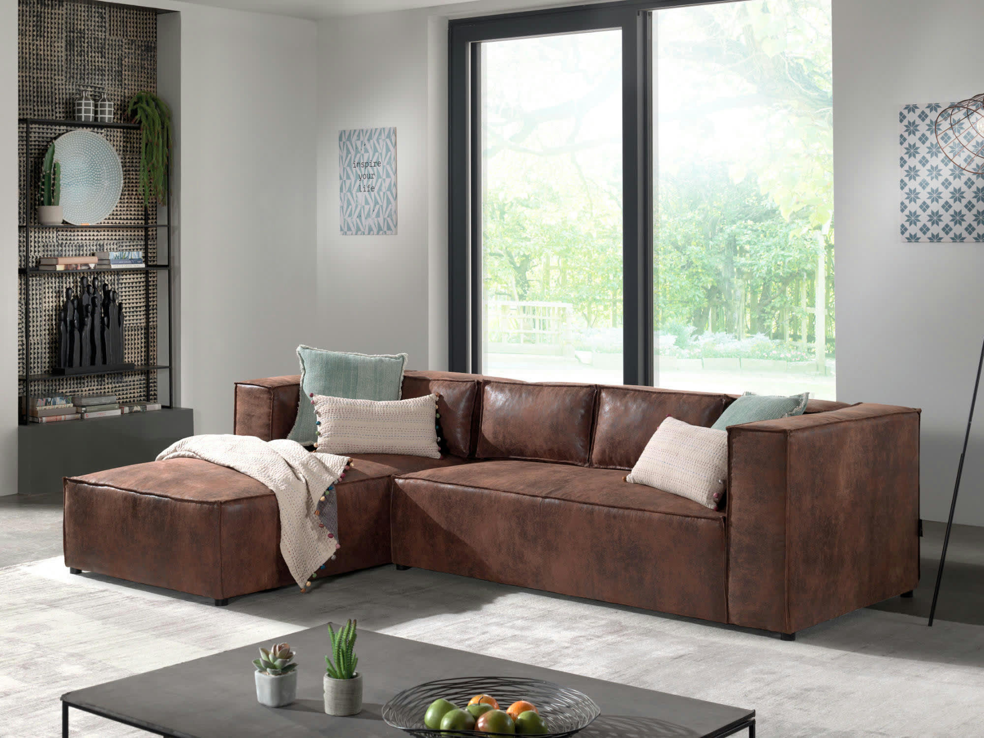 STELLA - Canapé d'angle gauche 4 places en microfibre marron