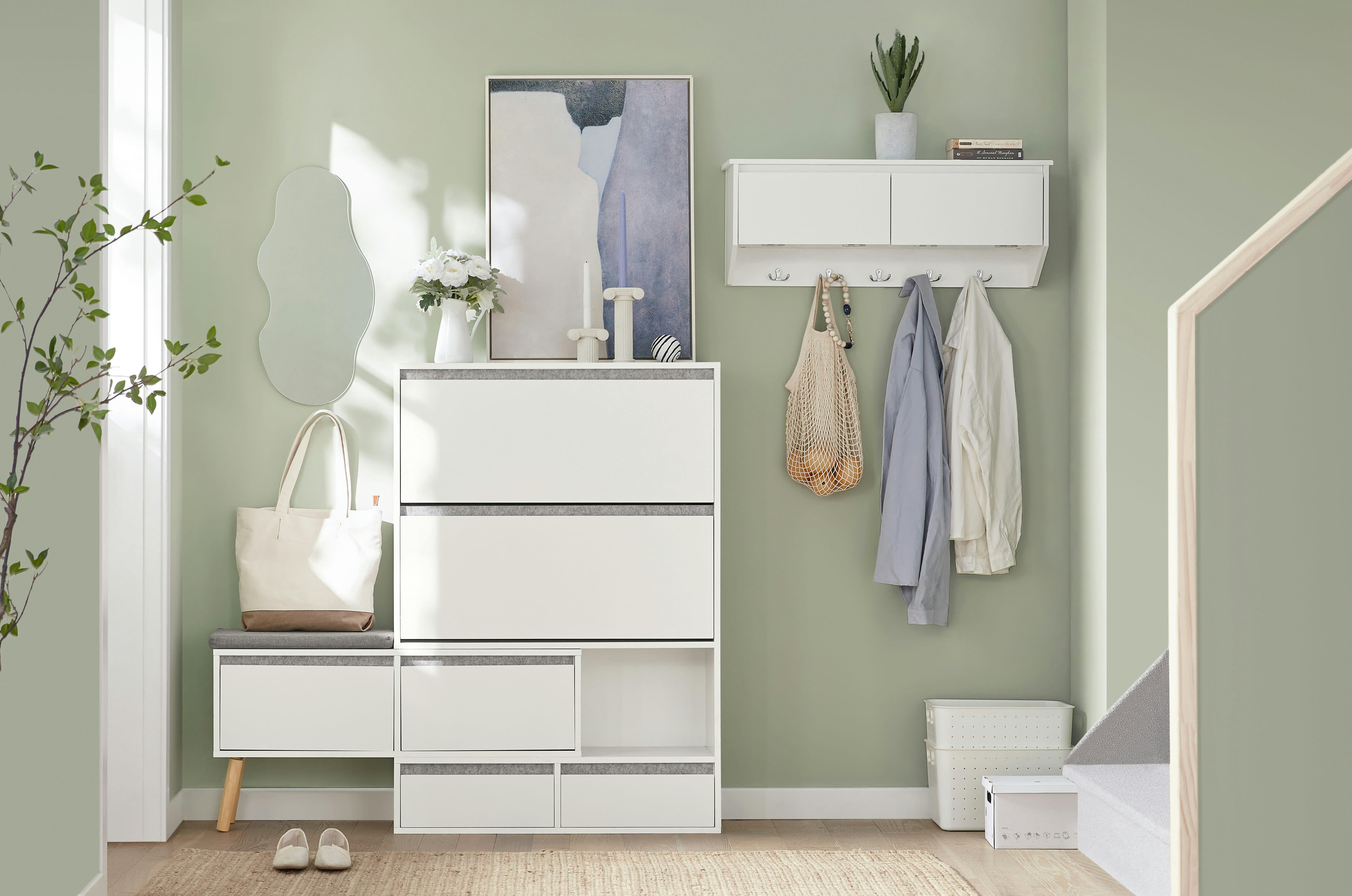 - Meuble à chaussures avec banc de rangement amovible effet bois blanc