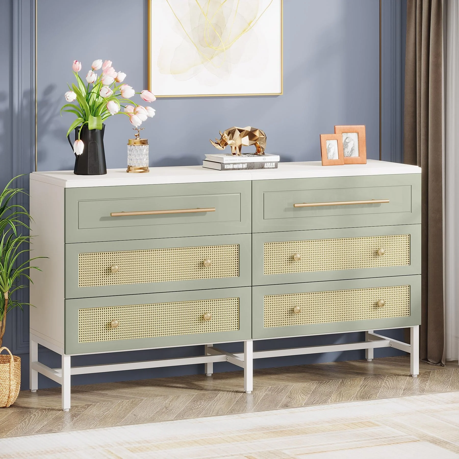 Modern Rattan Dresser 6 Drawer Dressers Chests of Drawers for Bedroom
