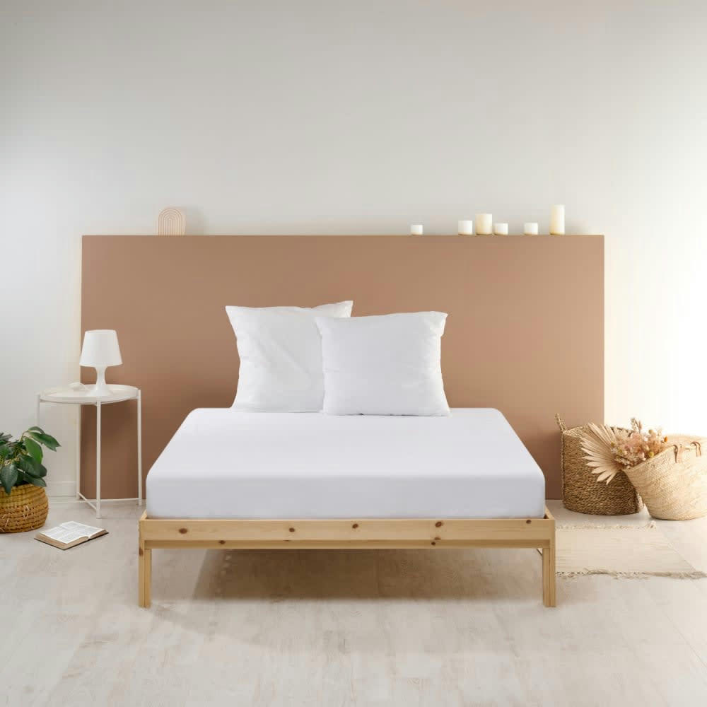 - Drap Housse uni en percale de coton blanc 140x190cm