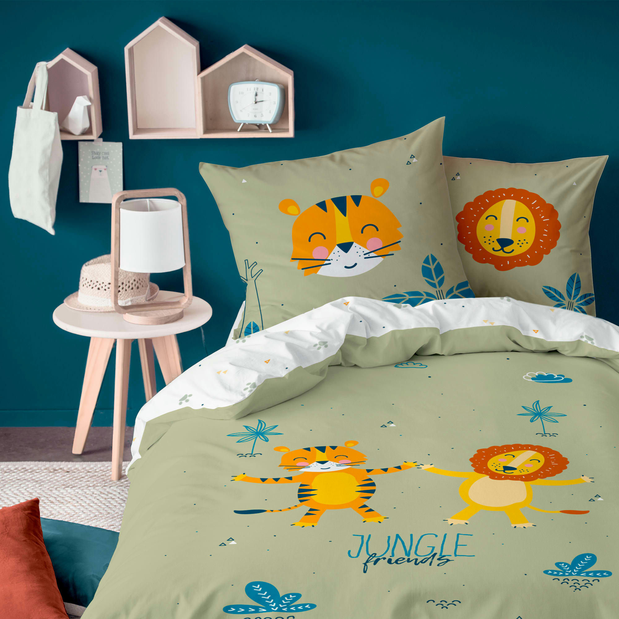JUNGLE FRIENDS - Parure de lit imprimée en coton Kaki 140x200+63x63cm