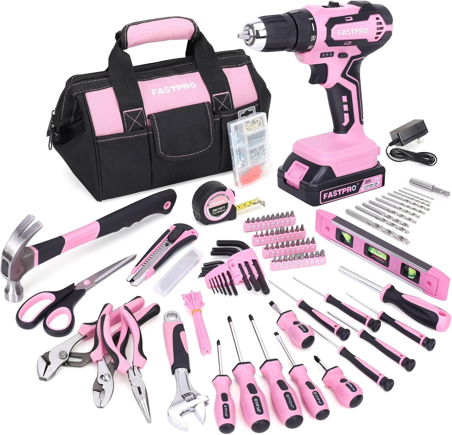 FASTPRO 232-Piece Pink Tool Set with Drill, 20V Cordless Drill Driver and Home Tool Set, Pink Drill Set for Women, Lady's Repairing Kit with 12-Inch Storage Bag, Pink