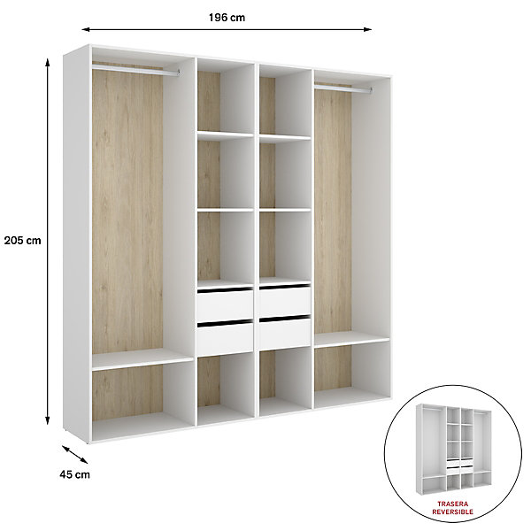 Ensemble dressing avec 4 tiroirs et fond d'arrière réversible coloris chêne naturel, blanc