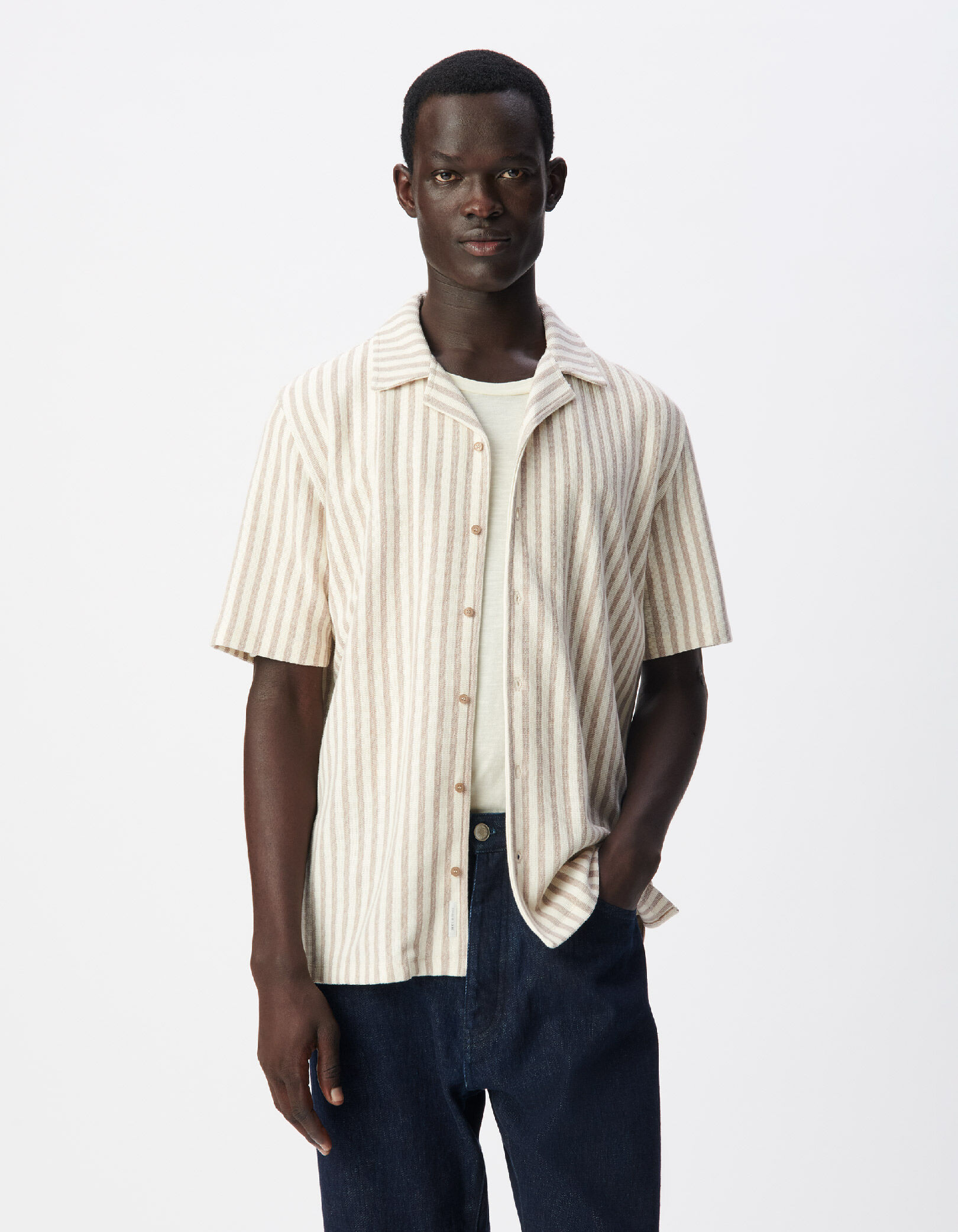Chemise manches courtes beige maille rayures Homme