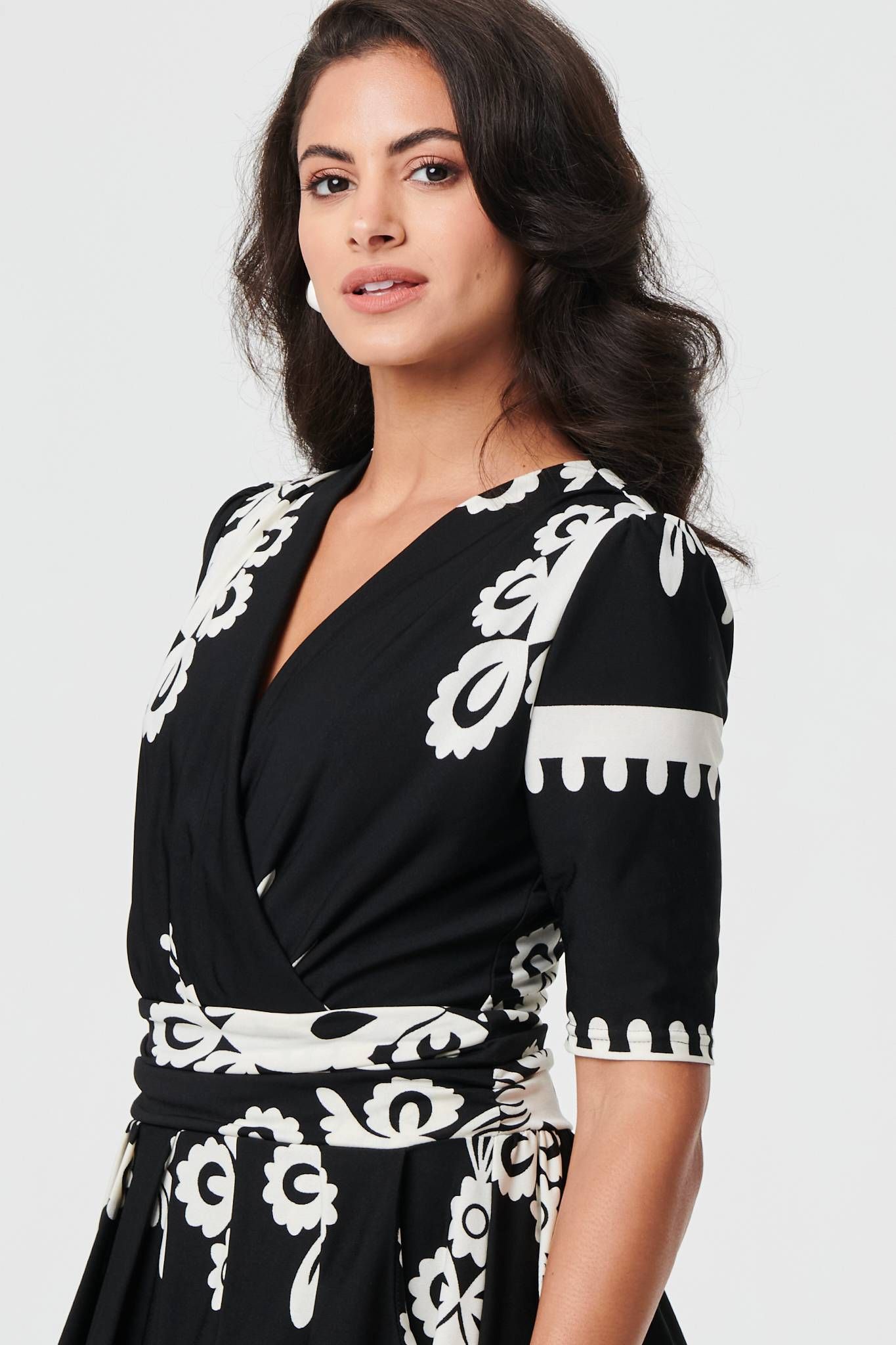 Izabel London Ikat Print 1/2 Sleeve Wrap Midi Dress