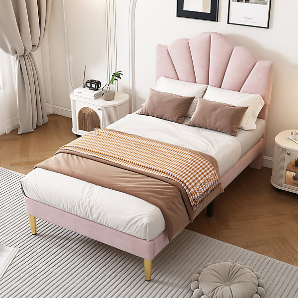 Lit Simple 90x200 cm - Lit Capitonné en Velours avec Tête de Lit Coquillage et Banquette de Rangement - Sans Matelas - Rose