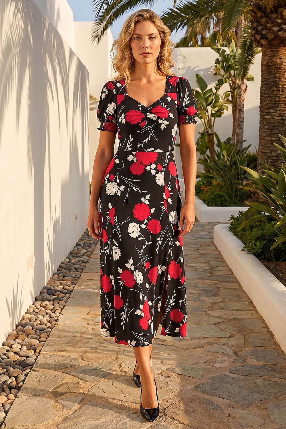 Roman Floral Print Ruched Midi Dress