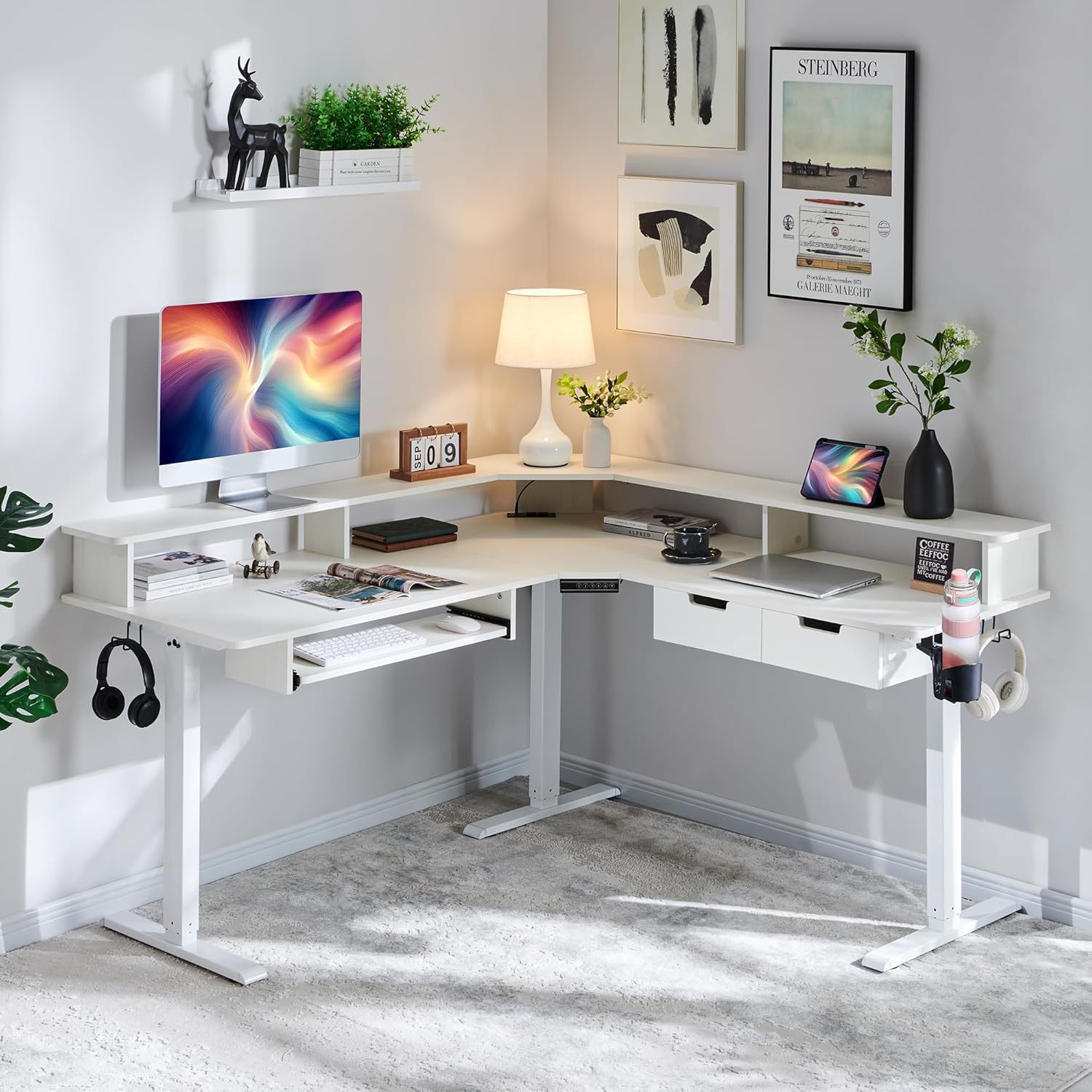 RedLemon Electric L Shaped Standing Desk, 60 Motor Height Adjustable Sit Stand Corner Desk with Led, Large Home Office Desk Computer Workstation, Antique White