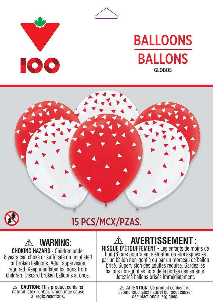 Canadian Tire 100th Birthday Round Latex Balloons, Red/White, Triangle, 12-in, 15-pk, for Birthday Party
