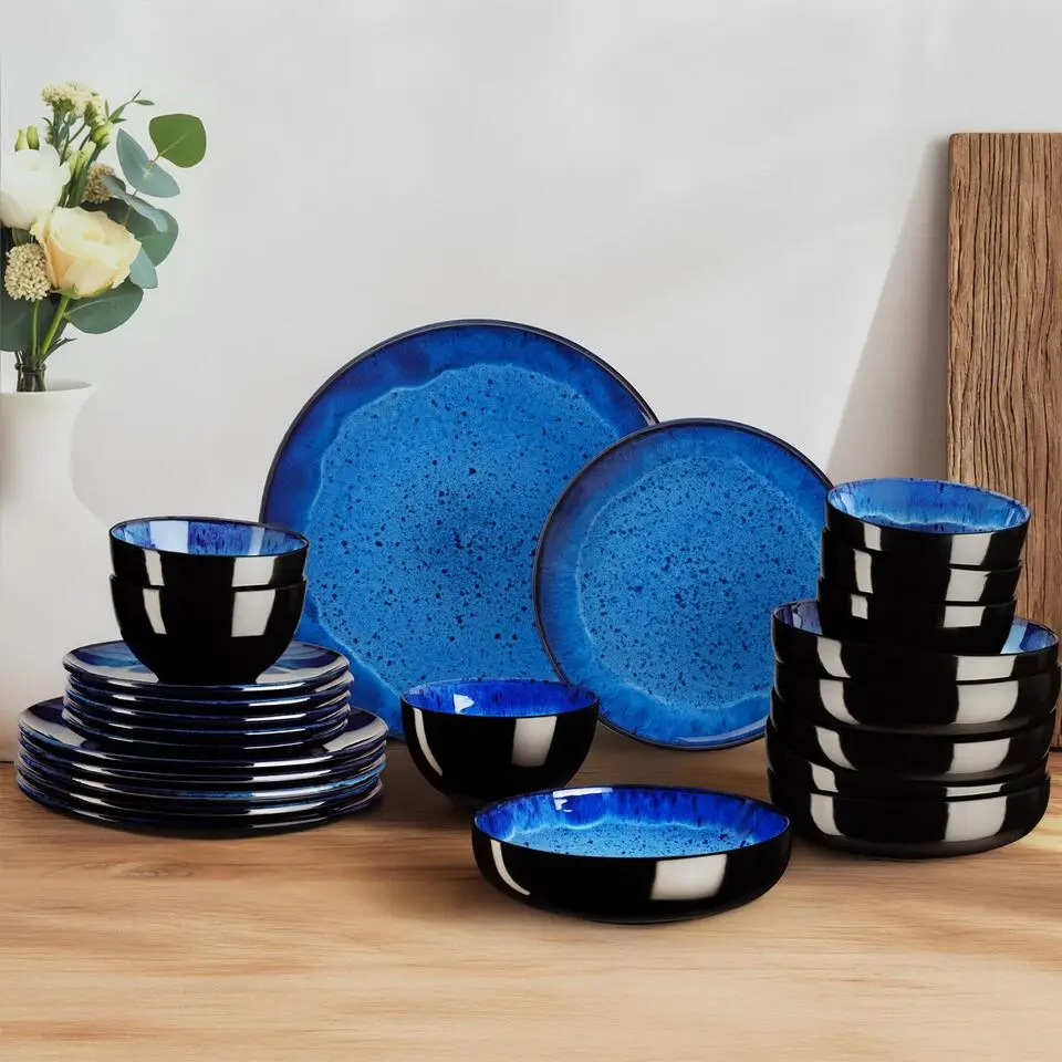 tectake Serviesset Mare van aardewerk, voor 6 personen, Blauw