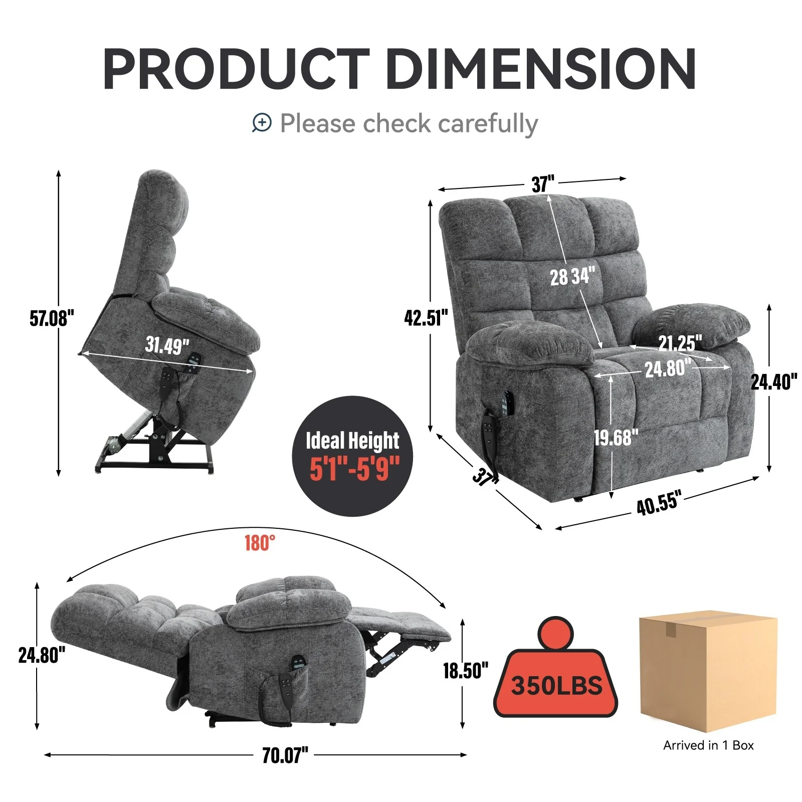 Grey Power Lift Recliner with Heat, Massage, Dual Motor, Infinite Reclining Positions, and 350 LBS Capacity
