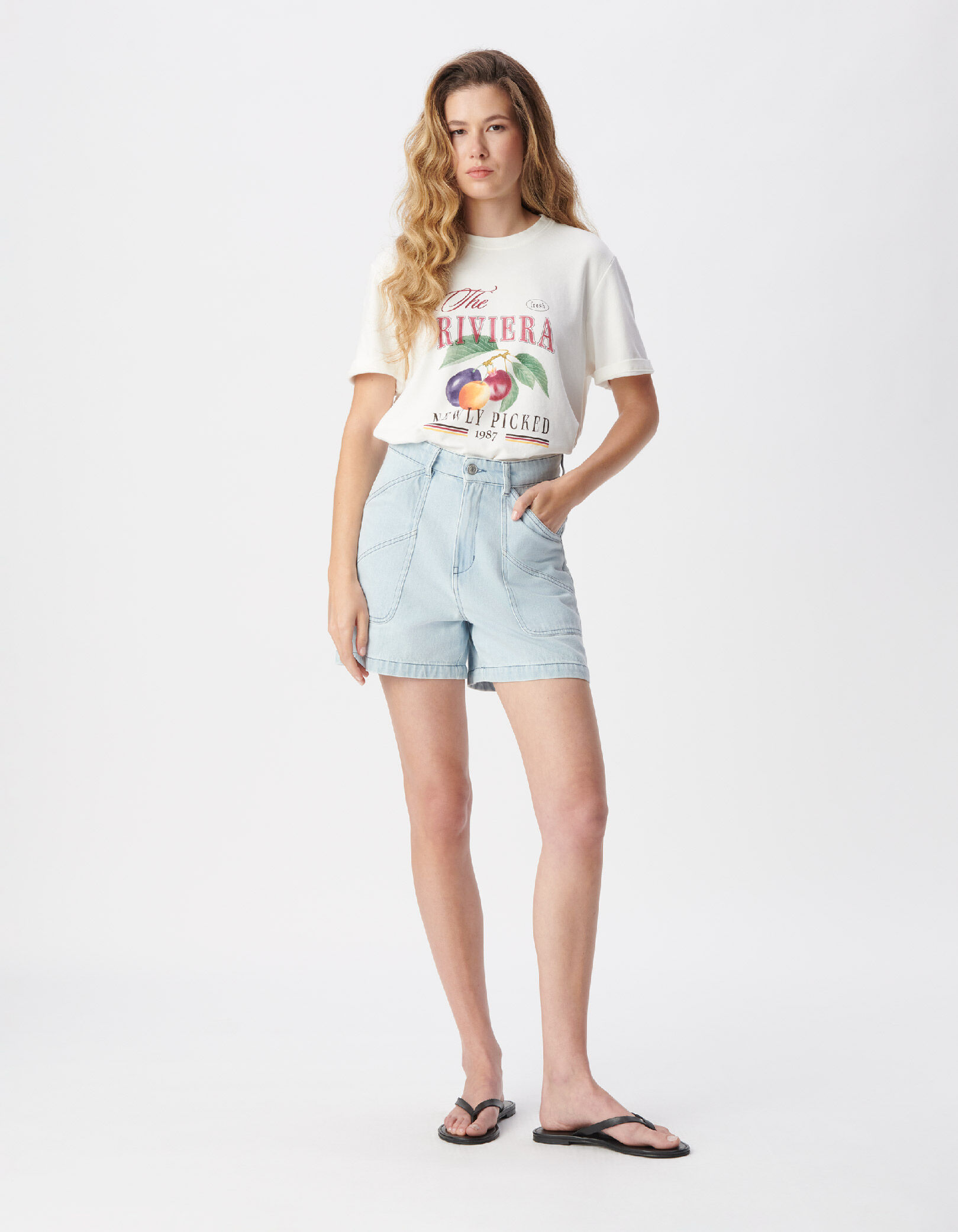 Tee-shirt manches courtes blanc visuel maxi fruits Femme