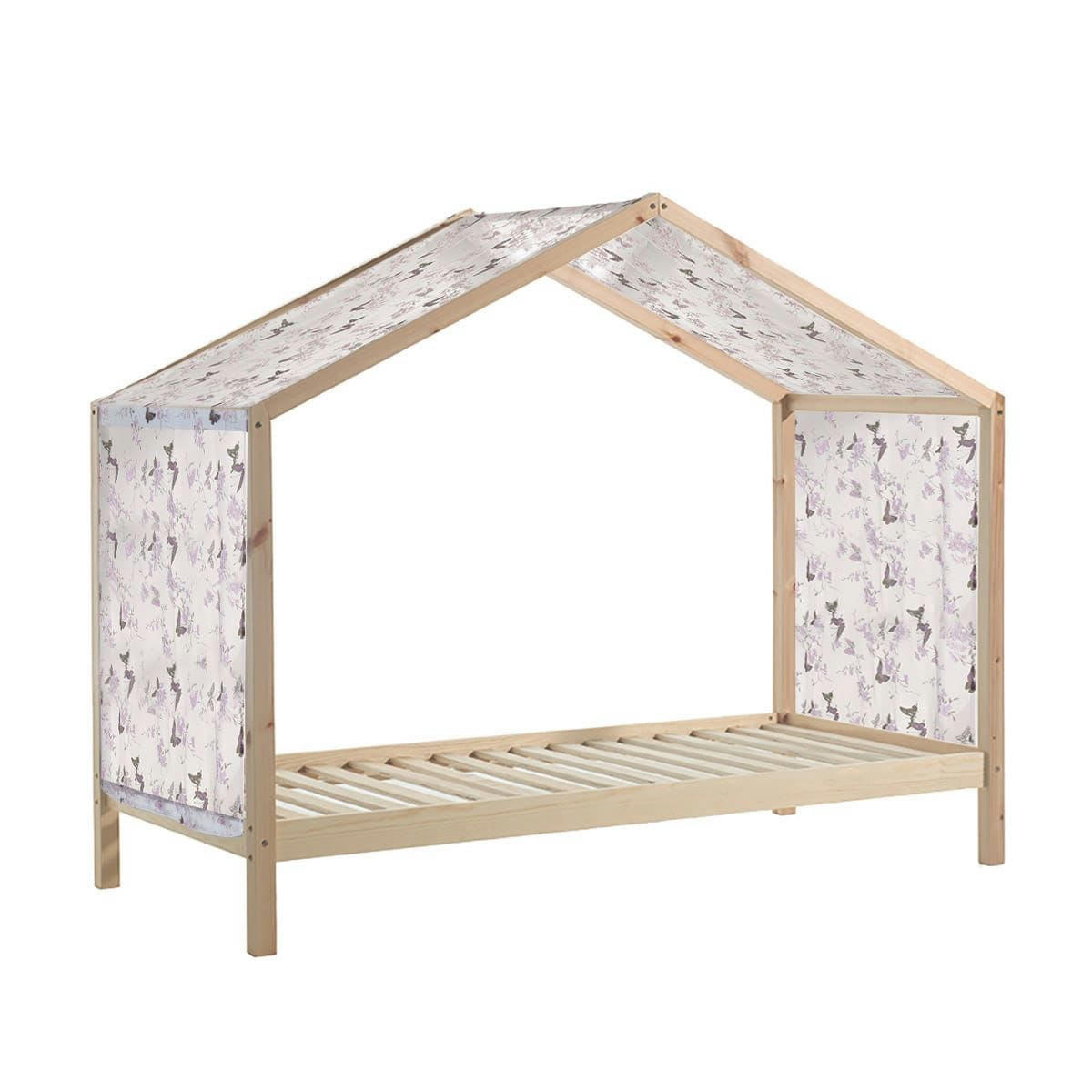 ARKAN - Lit  maison 90x200cm en pin massif blanc avec voile