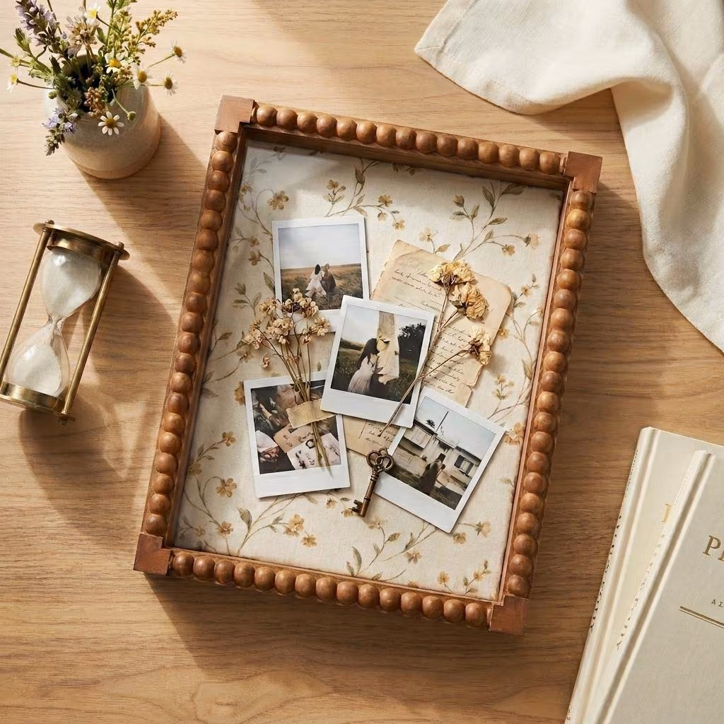 Brown Beaded Shadow Box Frame with Pin Board, 11x14/8x10 Pinboard Display Frame With Floral Fabric Lining, Memory Photo Ticket Keepsake
