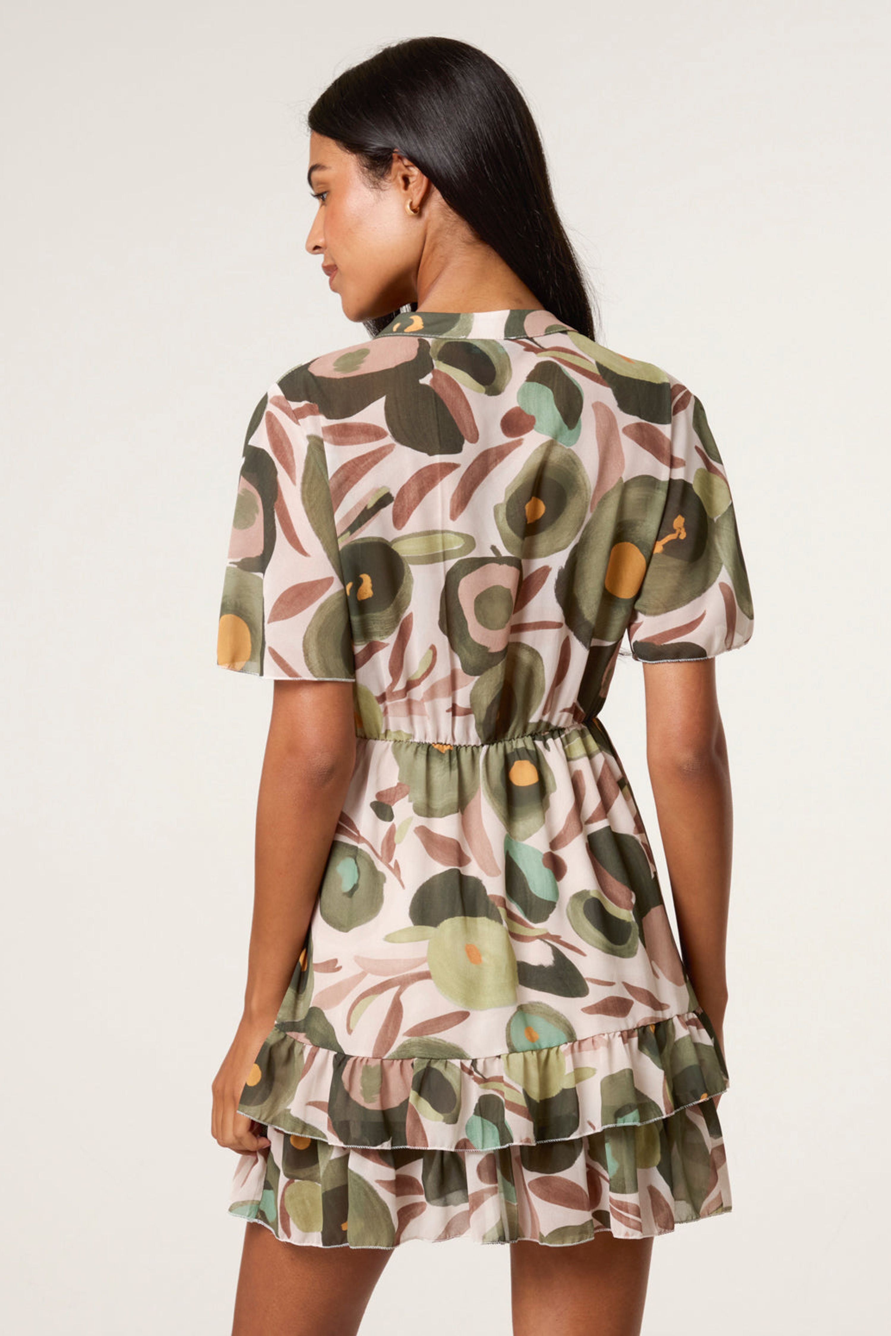 Blue Vanilla Dark Green Printed Button Up Tiered Short Sleeve Dress