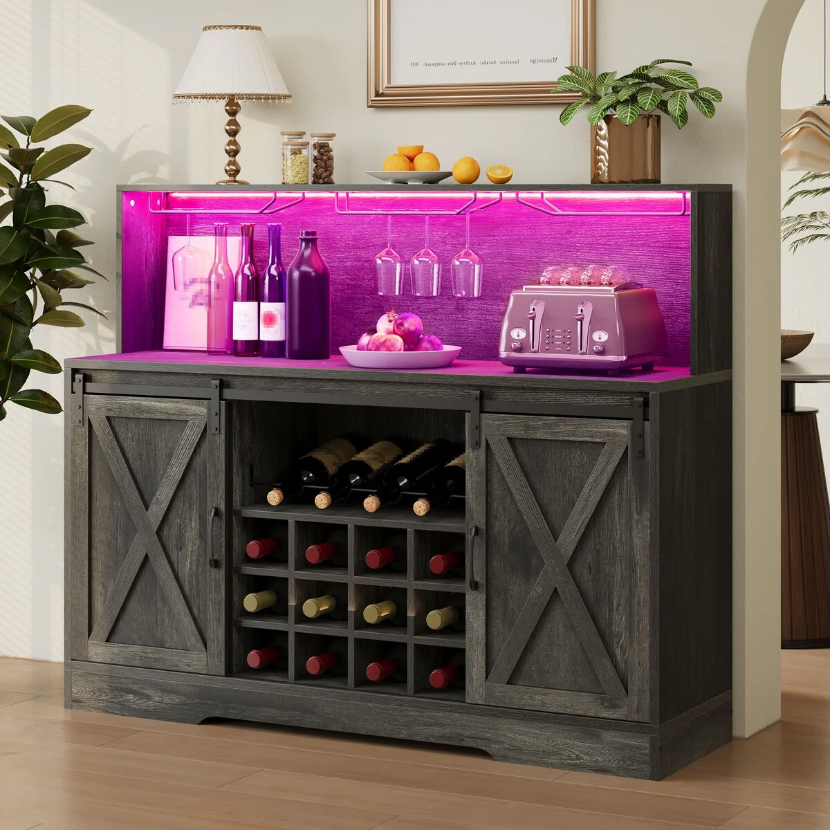 Moasis Farmhouse 55 Coffee Bar Cabinet w/Power Outlets and LED Lights Sideboard Buffet w/Sliding Barn Door