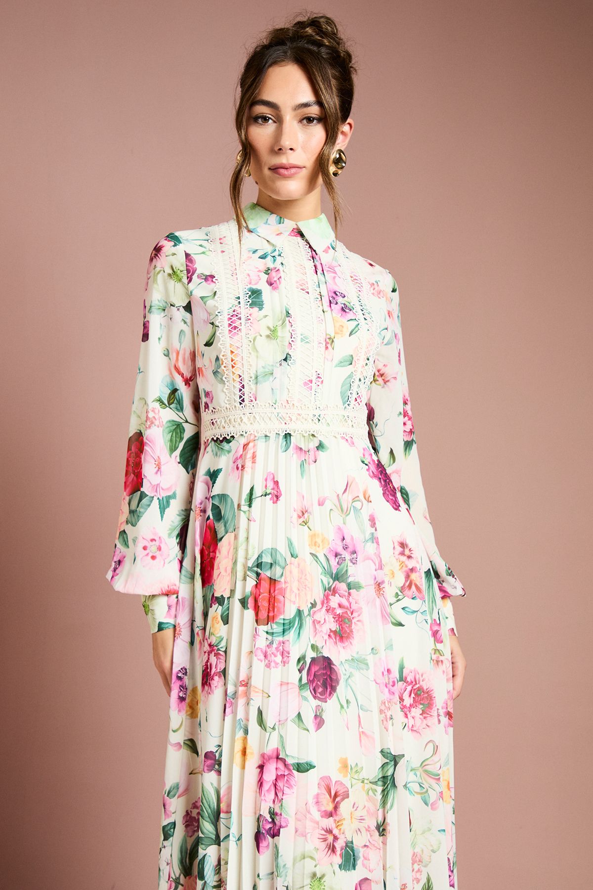 Coast Pleated Lace Trim Midi Dress