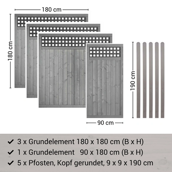 Zaunset »Ansar«, 9er Set: 4 Grundelemente, 5 Pfosten, Fichte, lasiert