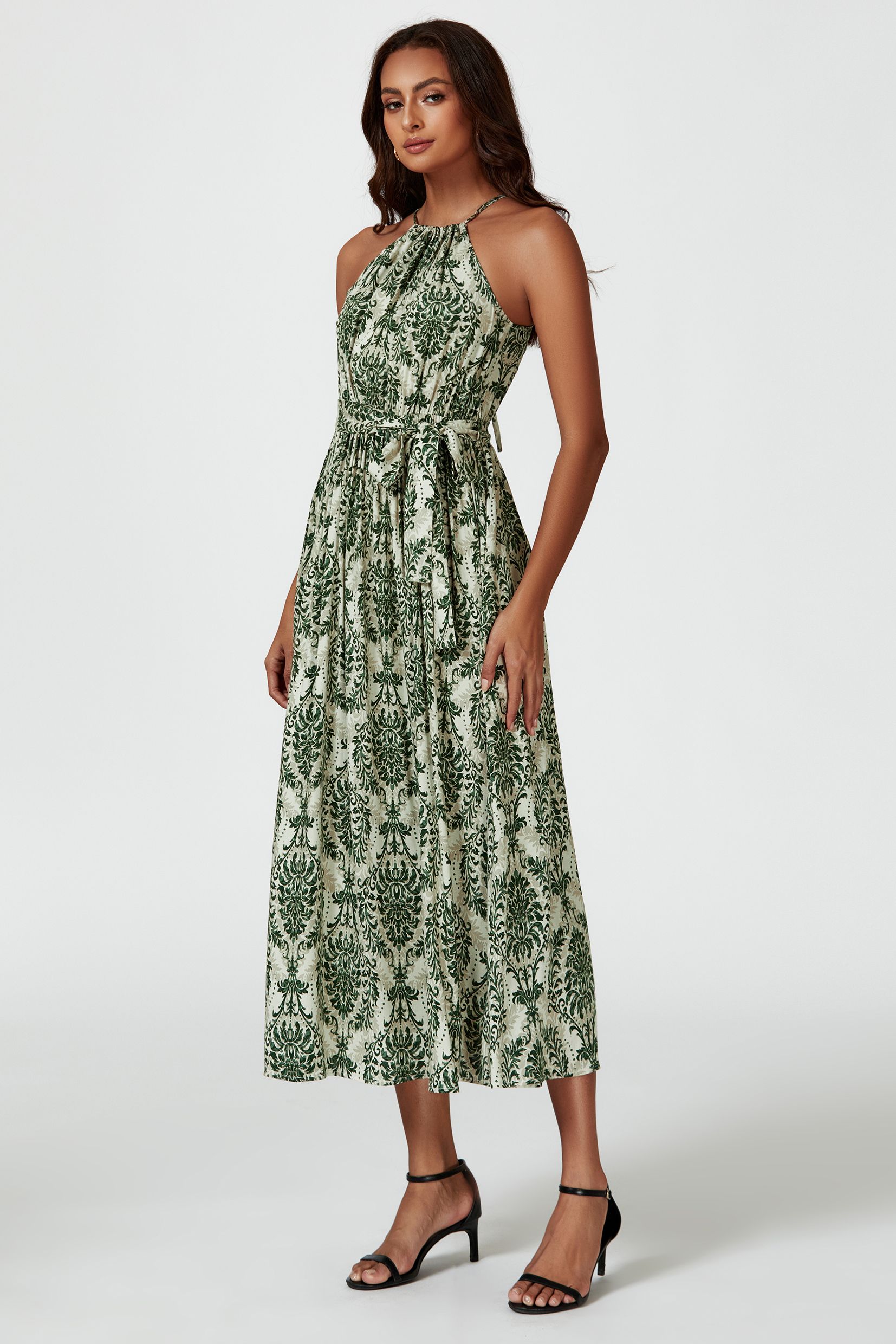 FS Collection Green & Beige Floral Print Tie Halterneck Maxi Dress
