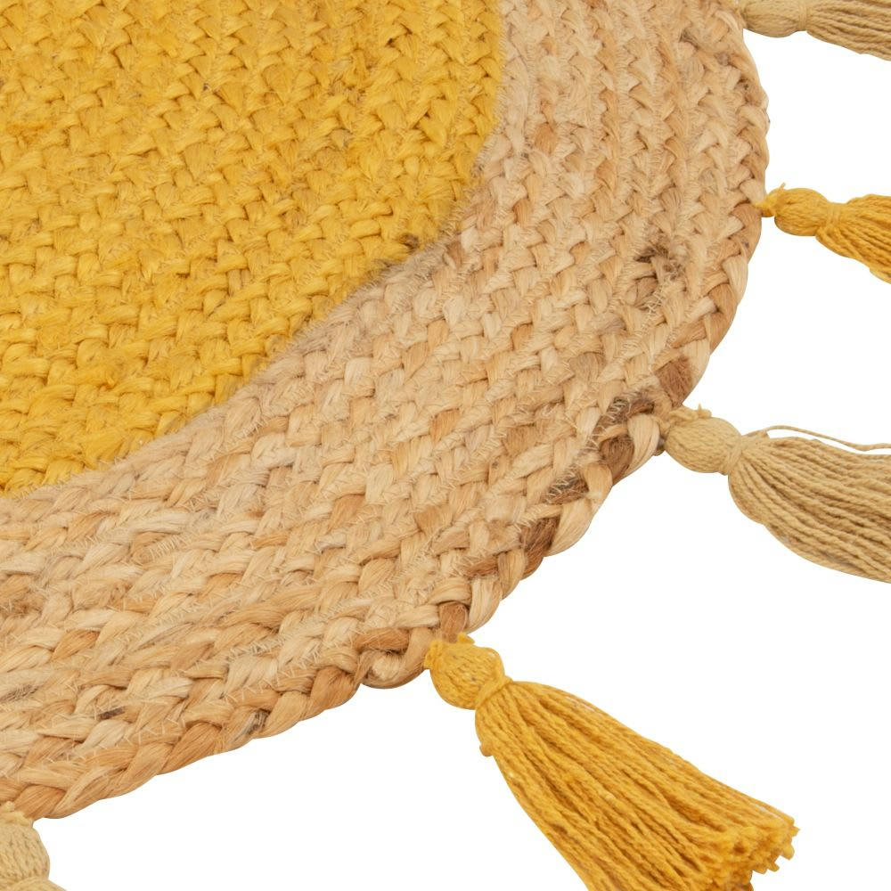 ADRIAN - Tapis rond en jute et coton à pompons jaunes D90