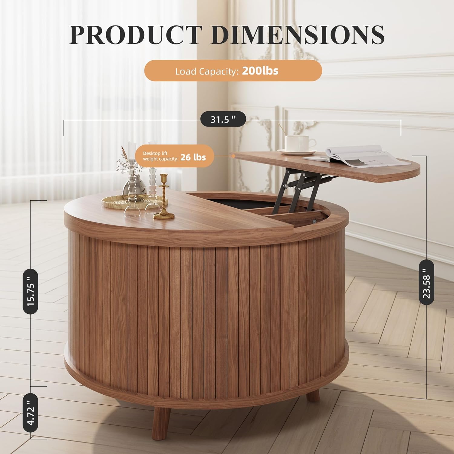Easyego Lift Top Coffee Table for Small Spaces, 31.5 Mid-Century Modern Wooden Round Table with Storage, Circle Fluted Center Table for Living Room, Work from Home & Apartment, Walnut