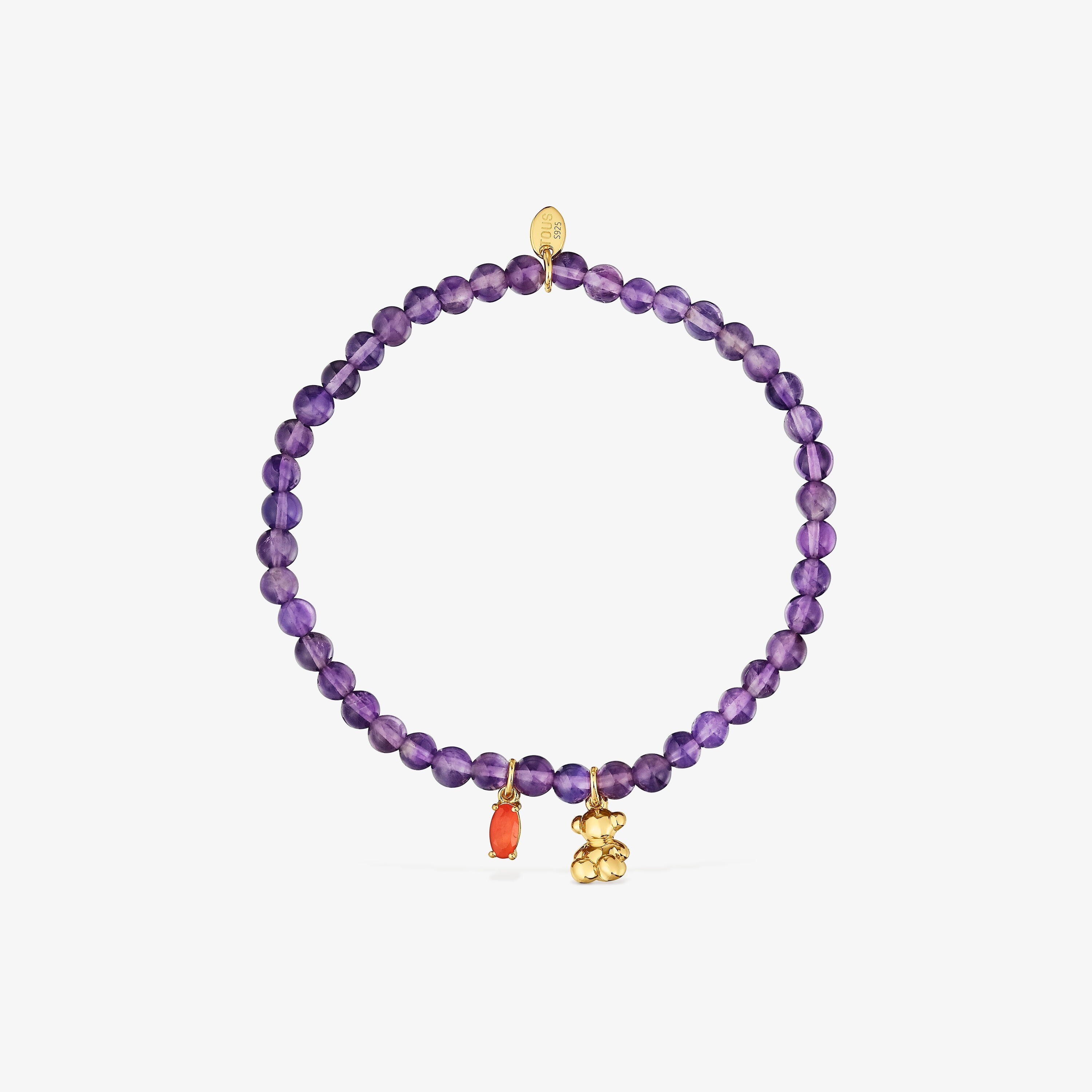 Pulsera elástica con baño de oro sobre plata, amatista y cornalina Bold Bear