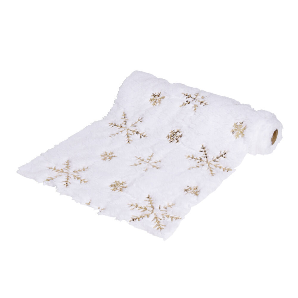 Chemin de table en tissu peluche blanc motifs flocons dorés 3m