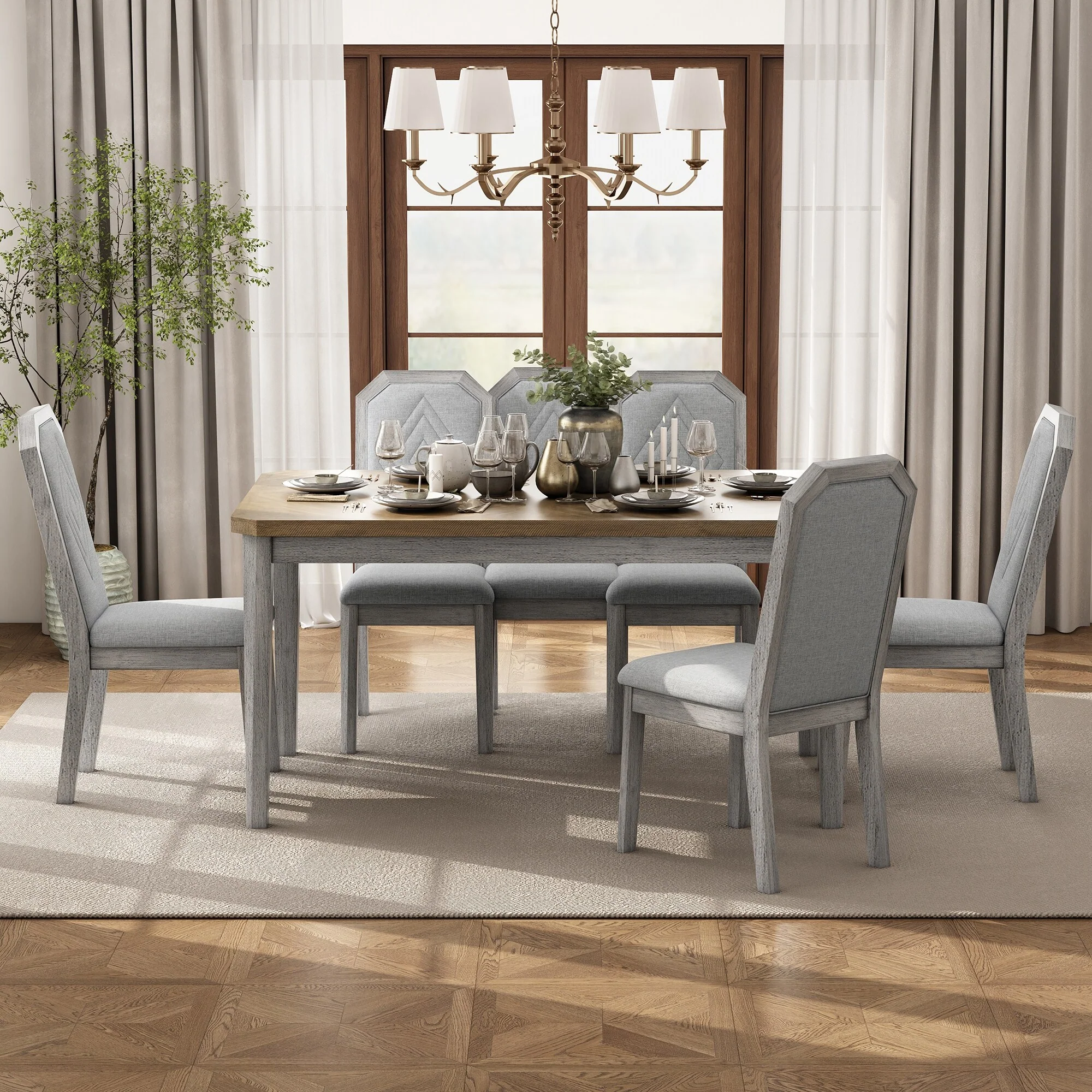 Farmhouse Style 7-piece Dining Set with Octagon Table and 6 Upholstered Chairs