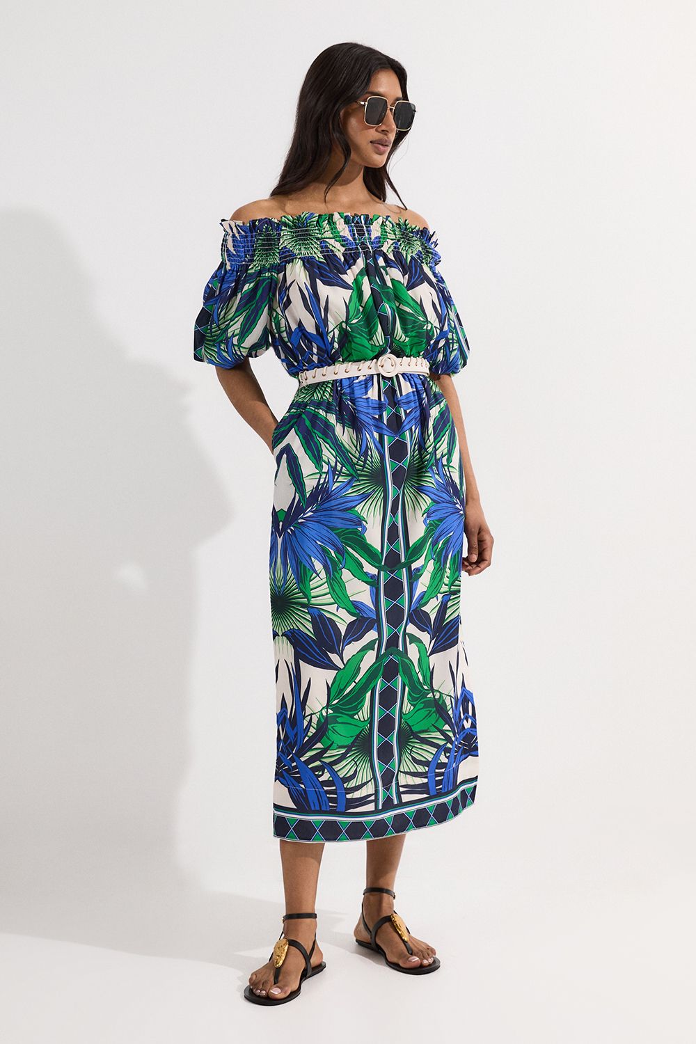 KarenMillen Voile Mirrored Floral Woven Bardot Midi Dress