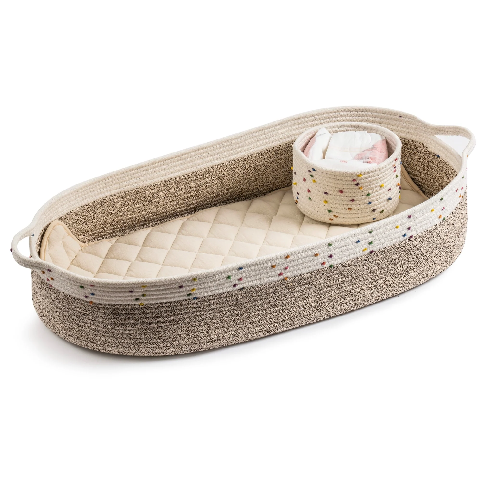 Baby Changing Basket, Handmade Woven Cotton Rope Moses Basket, Changing Table Topper with Mattress Pad