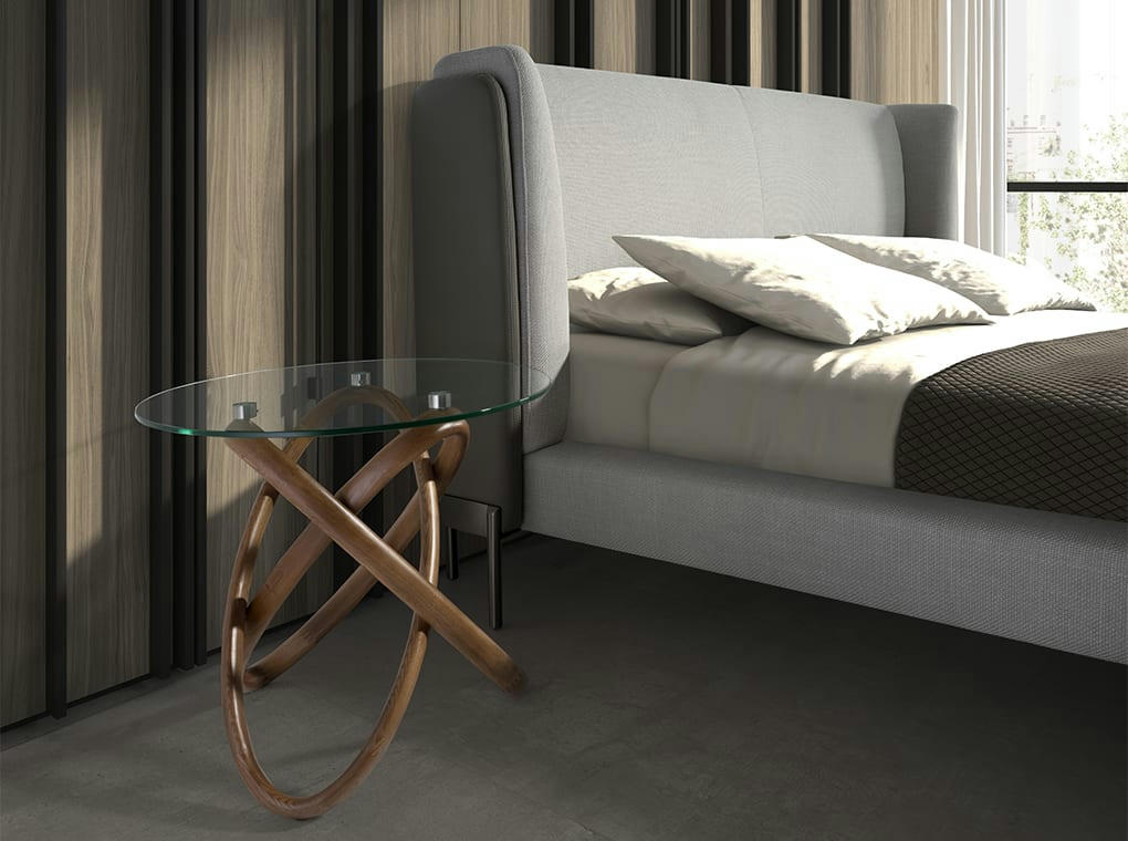 - Table d'angle ronde en verre trempé et noyer