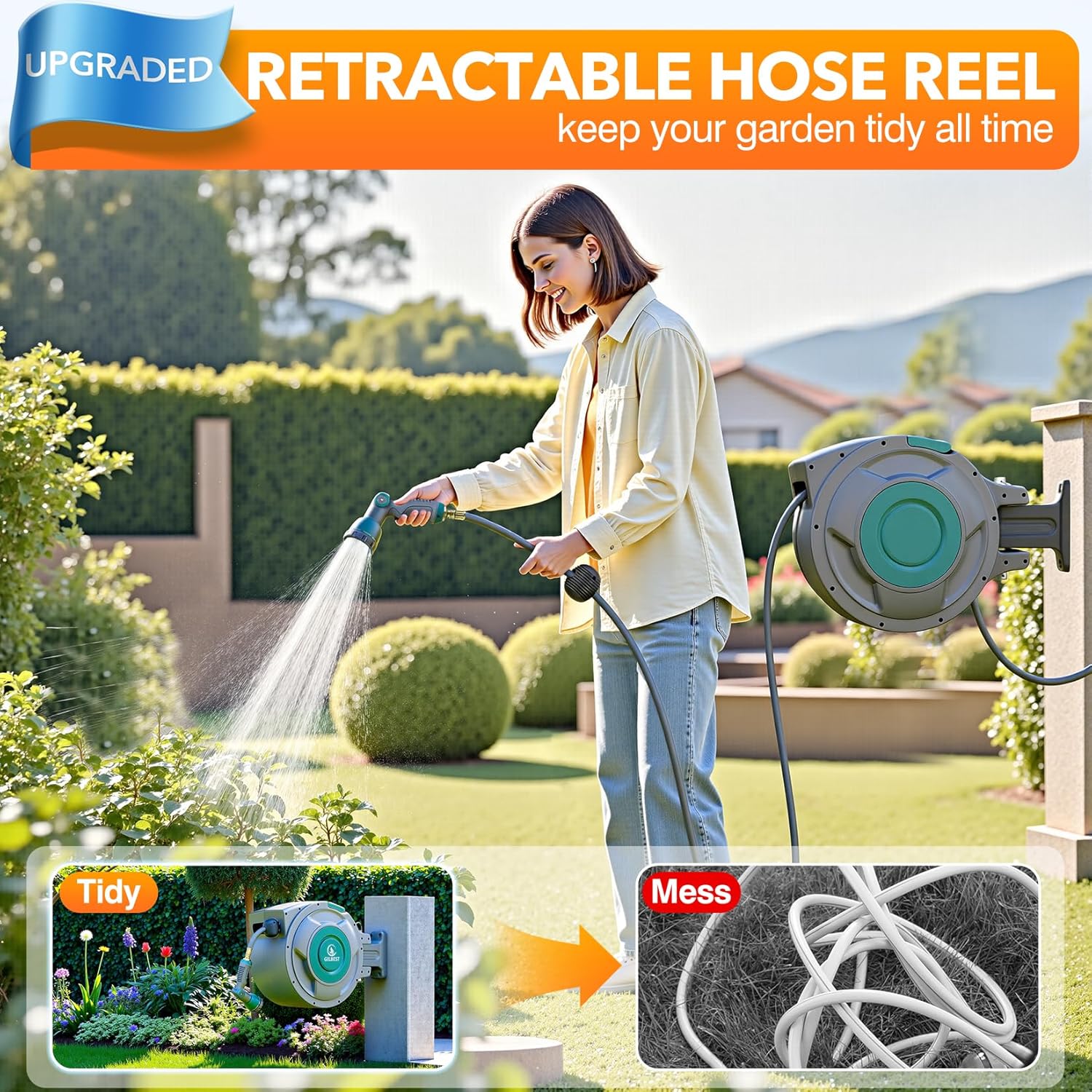 100 ft x 5/8 Retractable Garden Hose Reel  Heavy Duty Water Hose Reel Wall Mounted  Any Length Lock  180°Swivel  Water Hose with 10-Function Nozzle for Cleaning  Watering (Green)