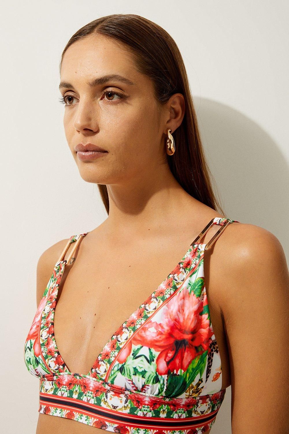 KarenMillen Mirror Floral Print Trim Detail Bikini Top