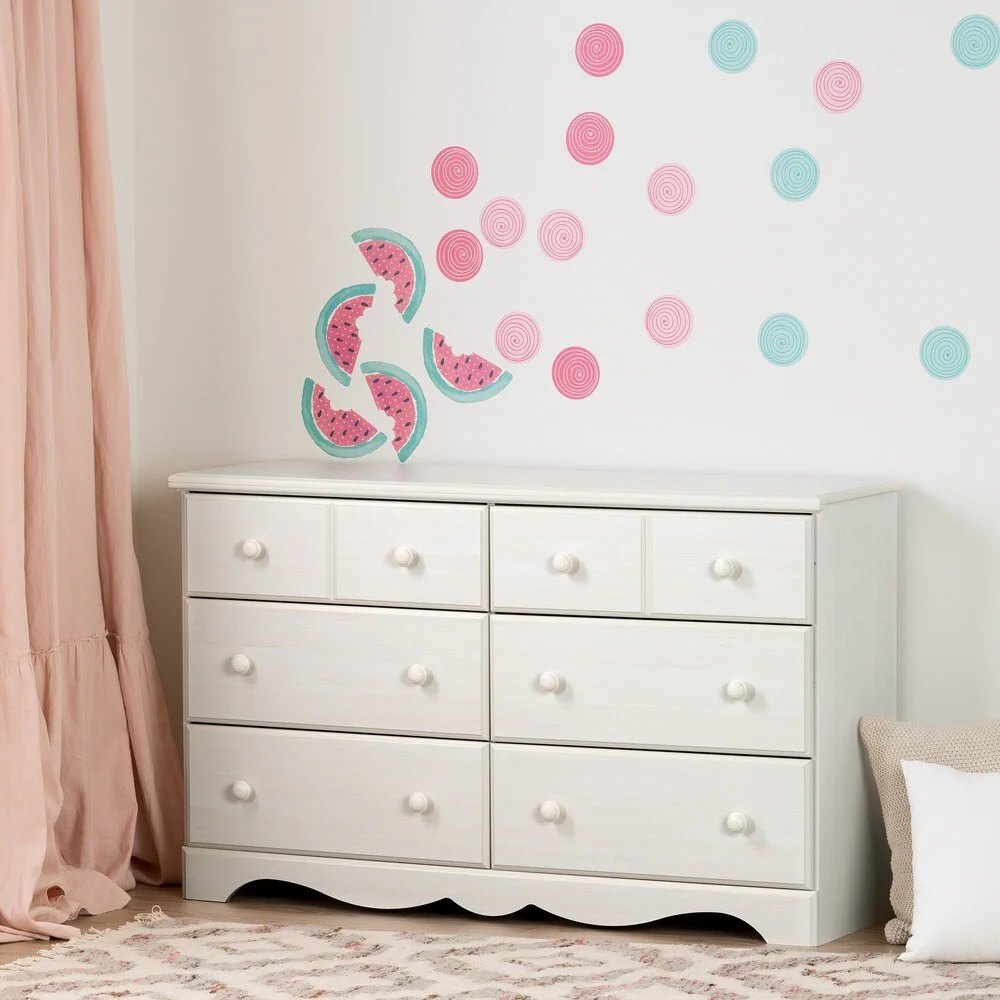 South Shore Summer Breeze Pure White and Pink 6-Drawer Double Dresser with Watermelons and Dots Wall Decals