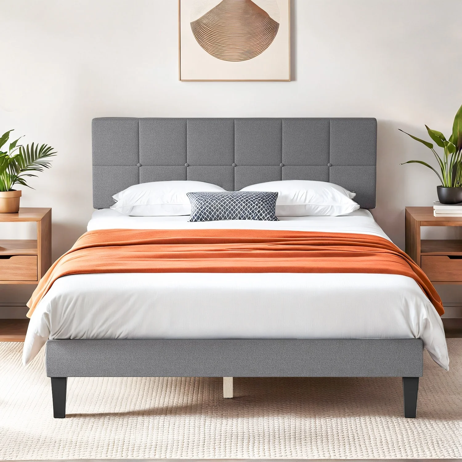 Queen Size Platform Bed Frame with Fabric Upholstered Headboard and Wooden Slats Support, No Box Spring Needed/Easy Assembly