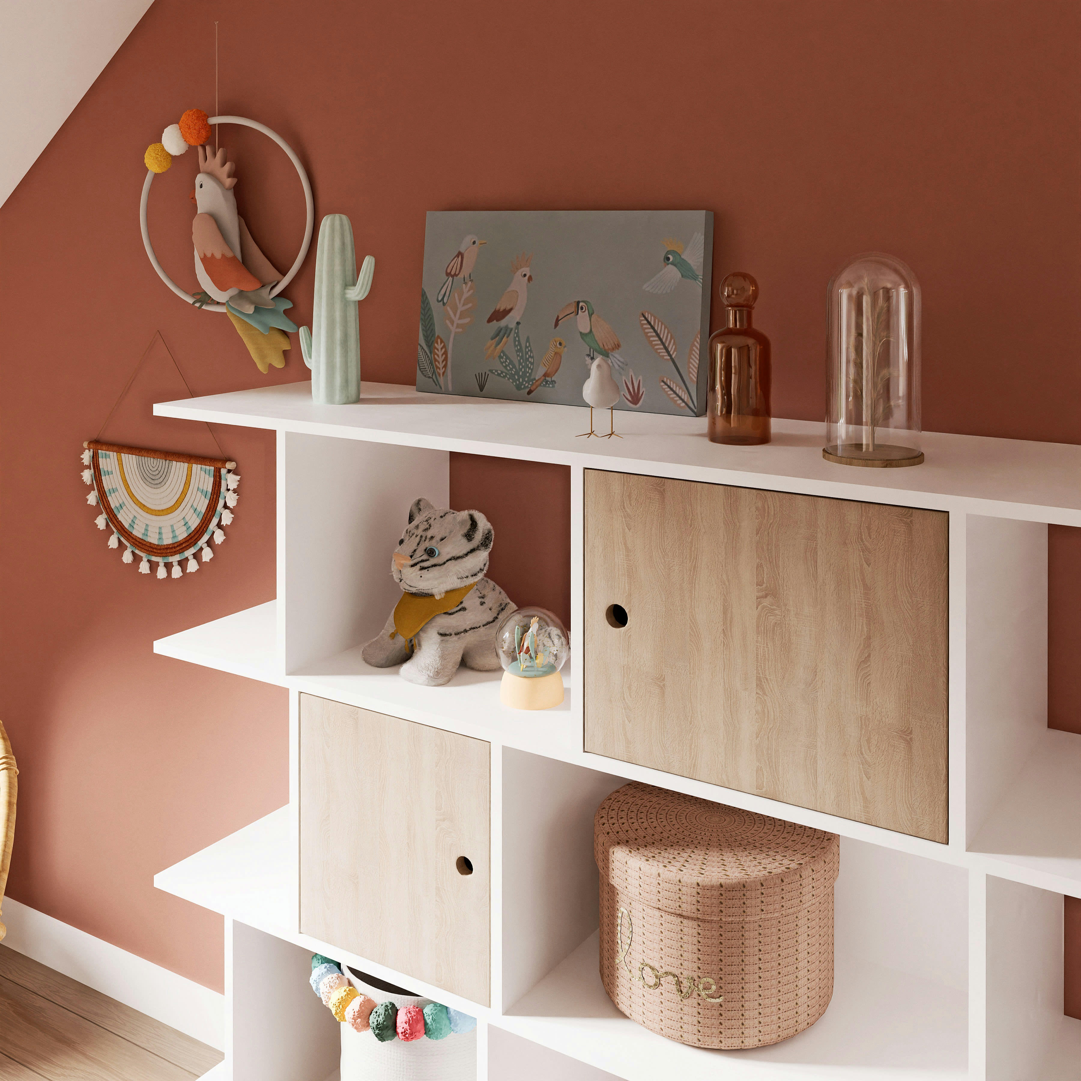 - Peluche tigre gris clair, jaune moutarde et bleue