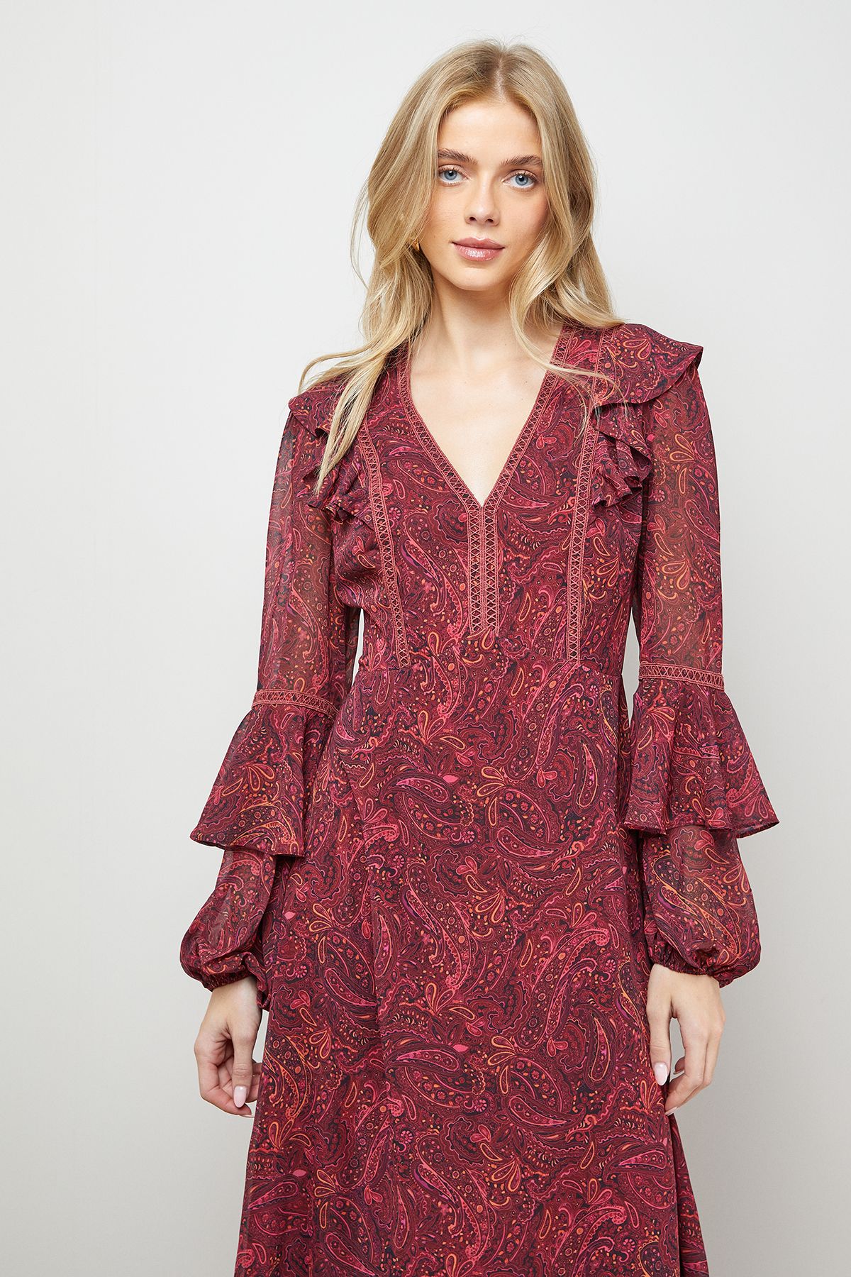 Oasis Printed Trim Detail Frill Shoulder Midi Tea Dress