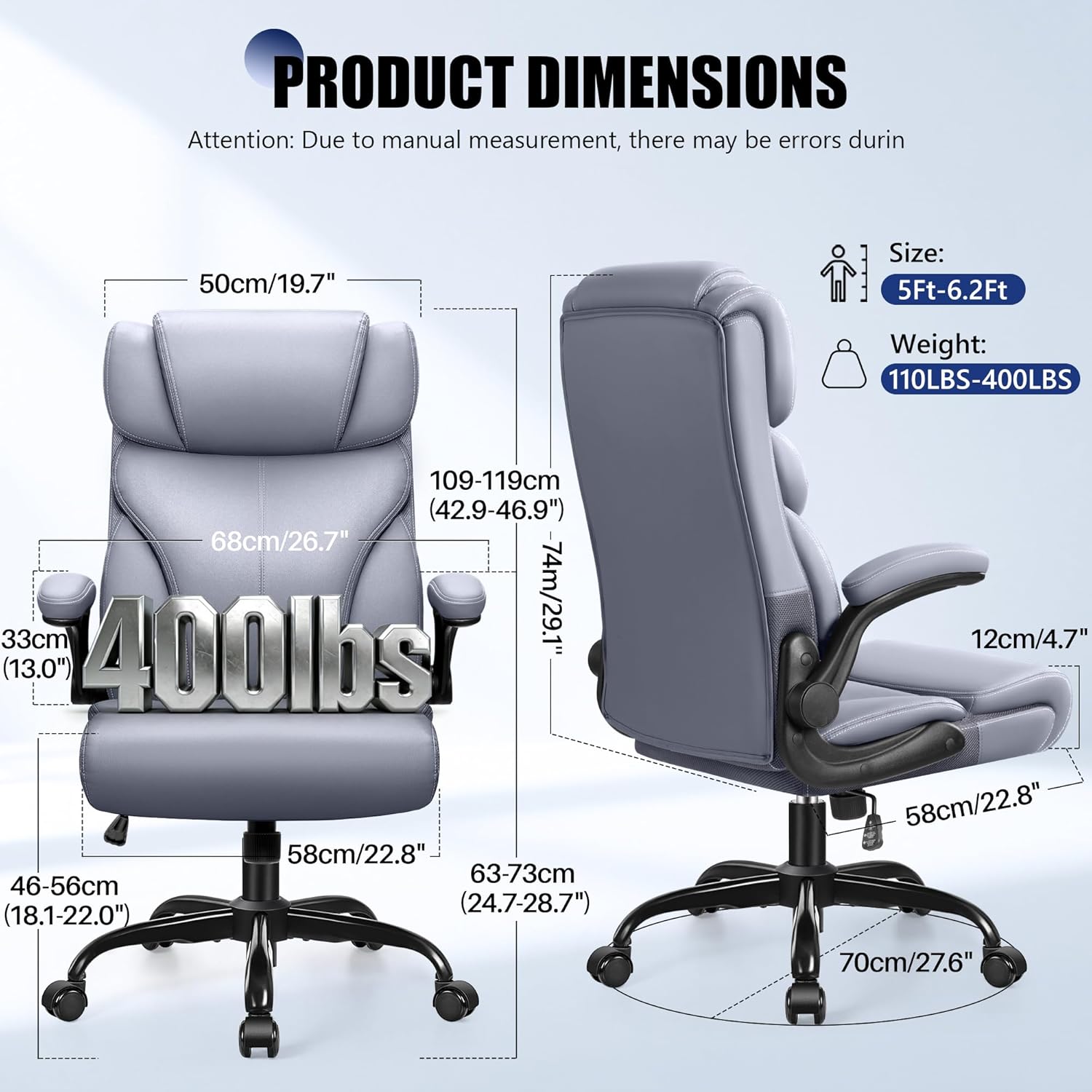 Primy Office Chair, Ergonomic Leather Desk Chair with Flip-up Armrests, Big and Tall High Back Executive Computer & Gaming Chair with Footrest, Comfy Padded, Rocking Function and Lumbar Support(Gray)