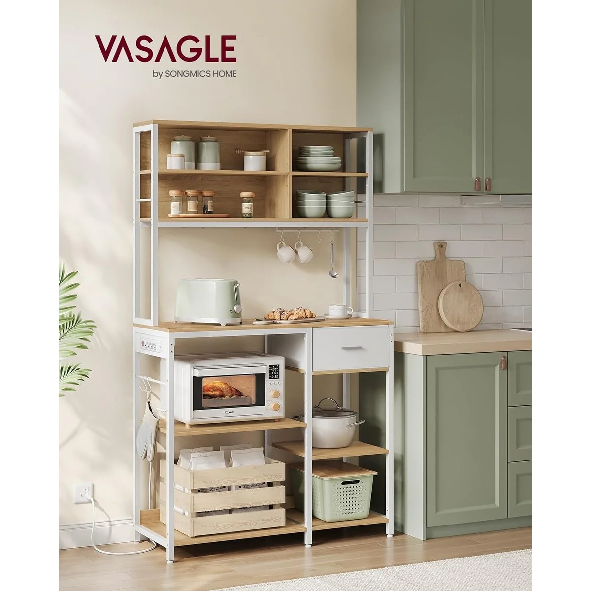 VASAGLE Bakers Rack with Charging Station, Coffee Bar Stand with Adjustable Storage Shelves