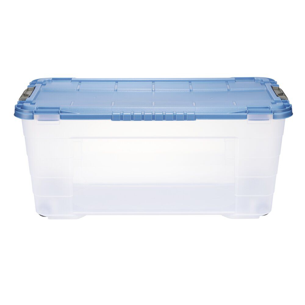 Box de rangement 80L plastique transparent 4 roues couvercle malin bleu 79x39xH36cm