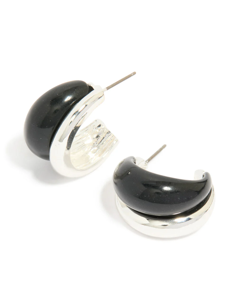 Silver Black Enamel Hoop Earrings