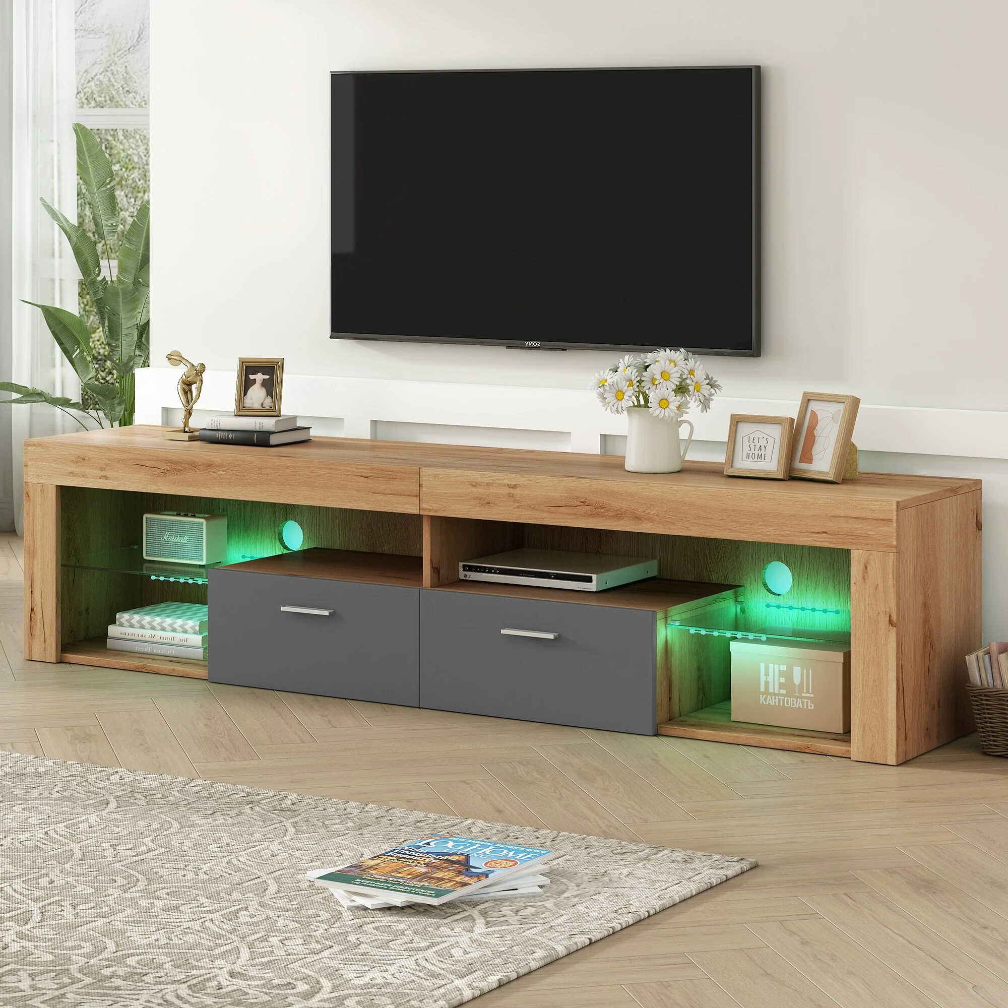70.8 TV Stand with LED Lights, 6 Storage Cabinets and Tempered Glass Shelf for TVs Up to 80