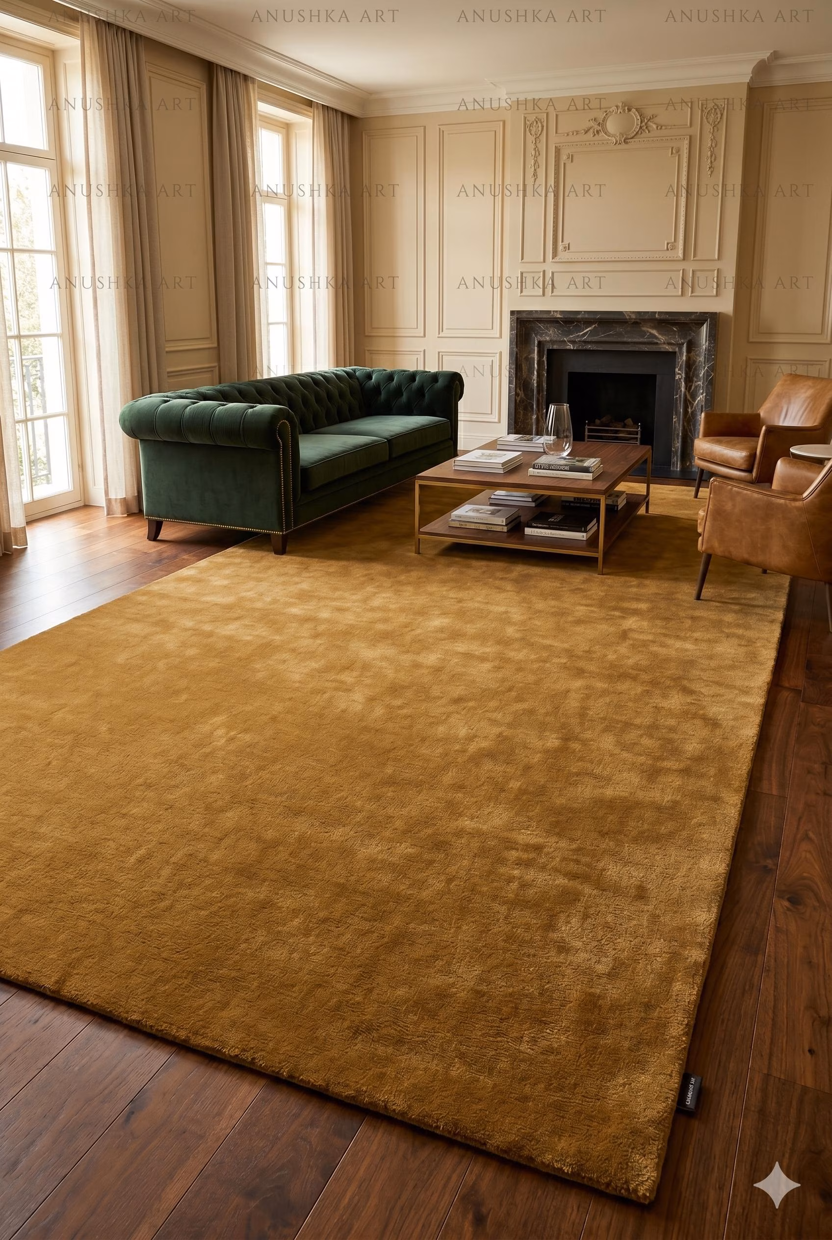 Handloomed New Zealand Wool Rug Solid Ocher Golden Brown Area Carpet Ultra Soft Plush Pile for Living Room Bedroom Modern Boho Ethical Decor