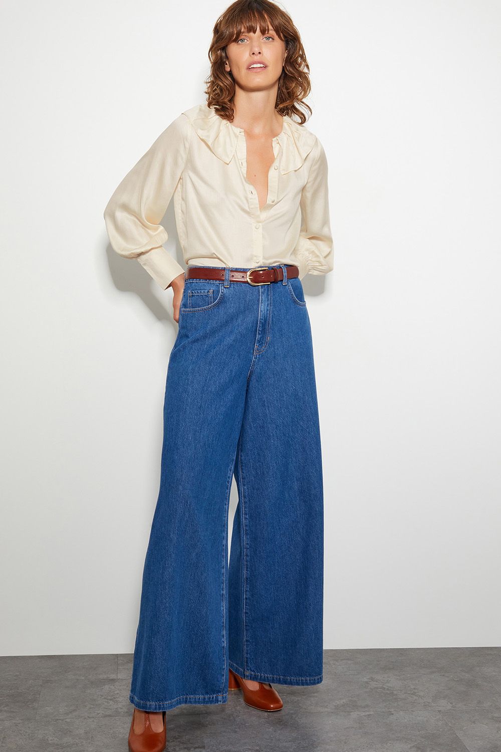Monsoon Daisy Frill Collar Satin Blouse Ivory