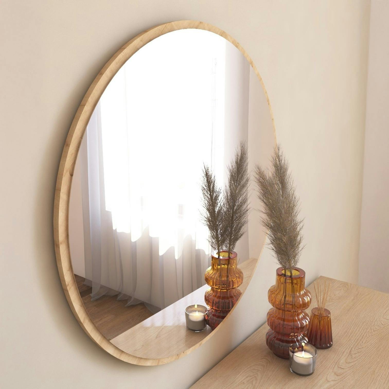 Miroir rond moderne avec cadre effet bois clairØ60 cm CODY