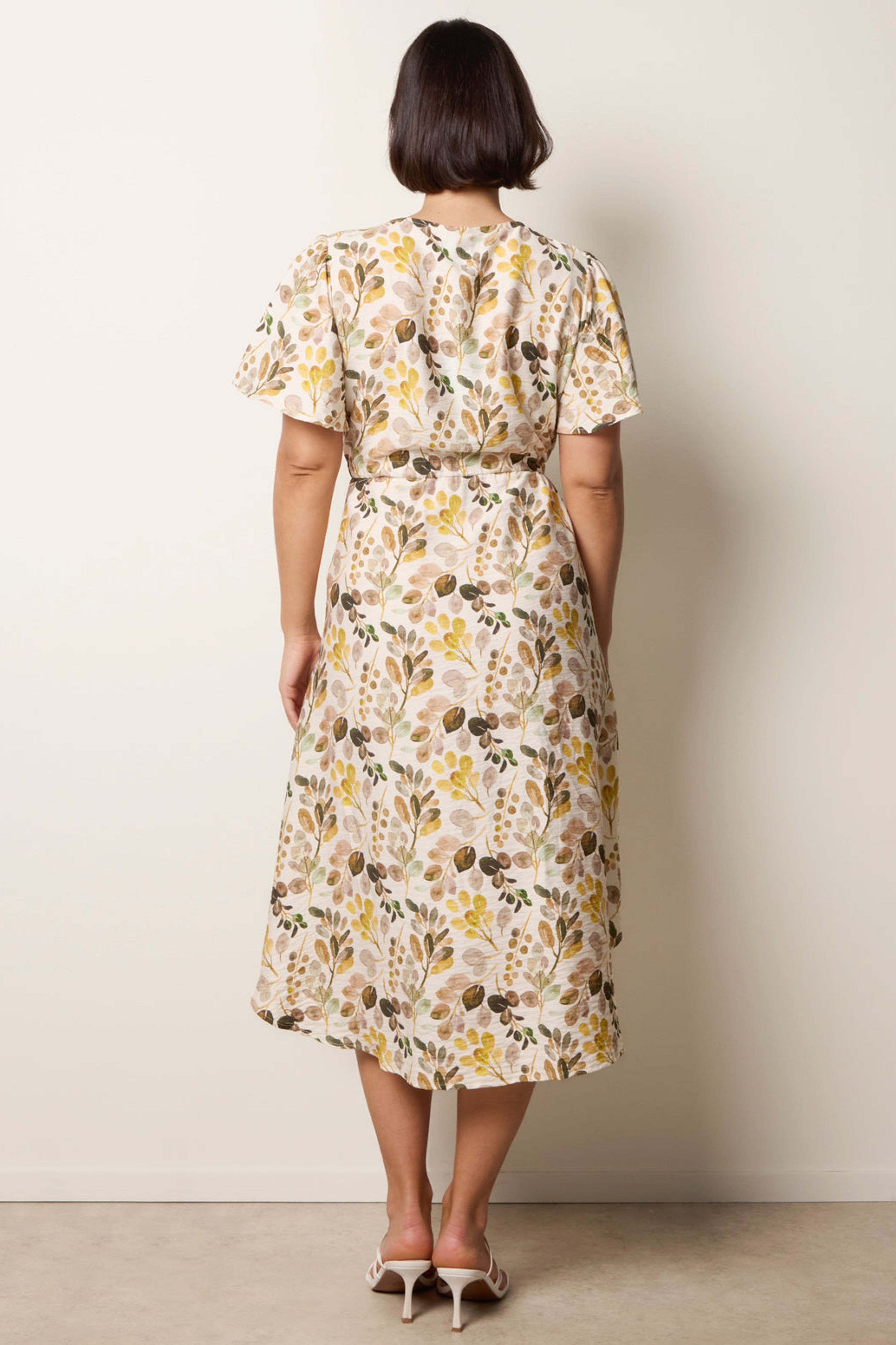 Blue Vanilla Light Brown Leaf Print Tie Waist Shirt Midi Dress